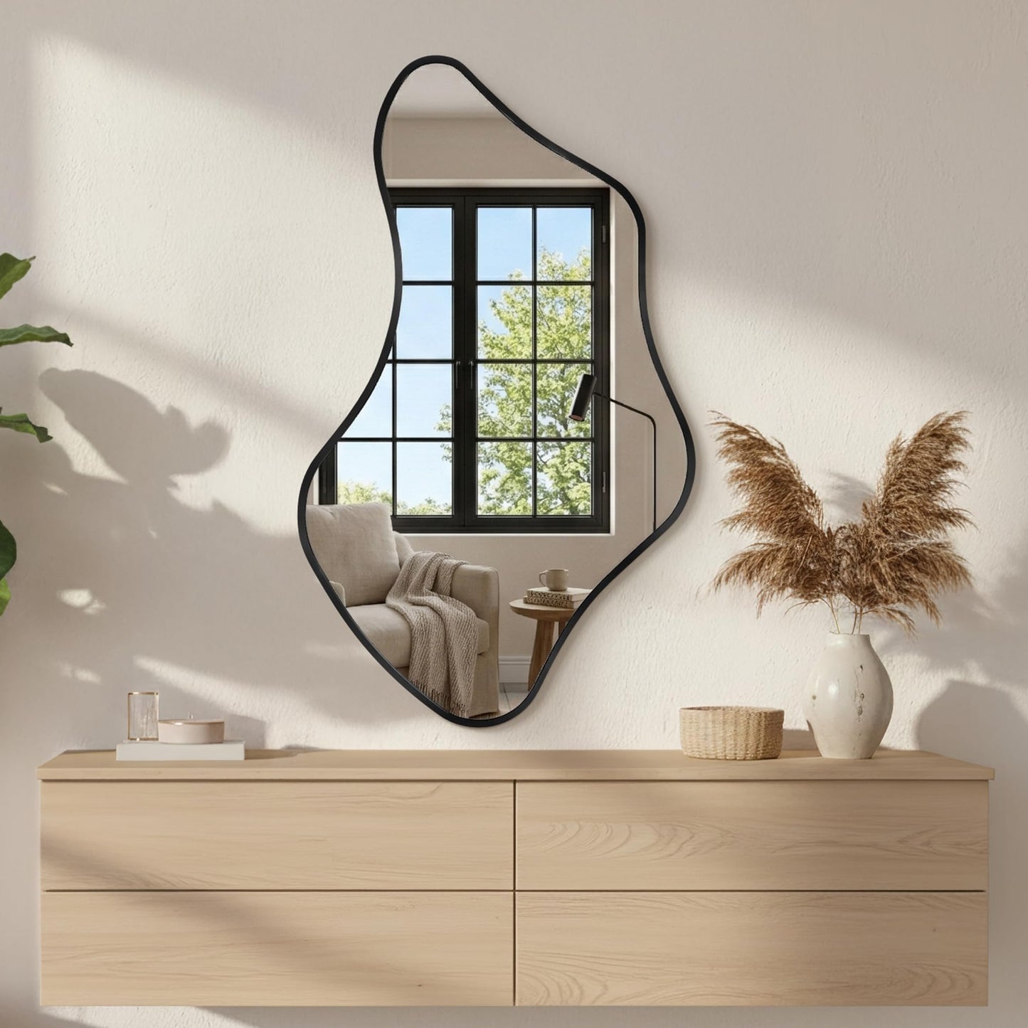 Fahomiss Asymmetrical Wall Mirror, Irregular Shaped Frameless Vanity Mirror, Modern Decorative Mirror for Entryway, Living Room, Bathroom (Black, 40" L x 24" W)