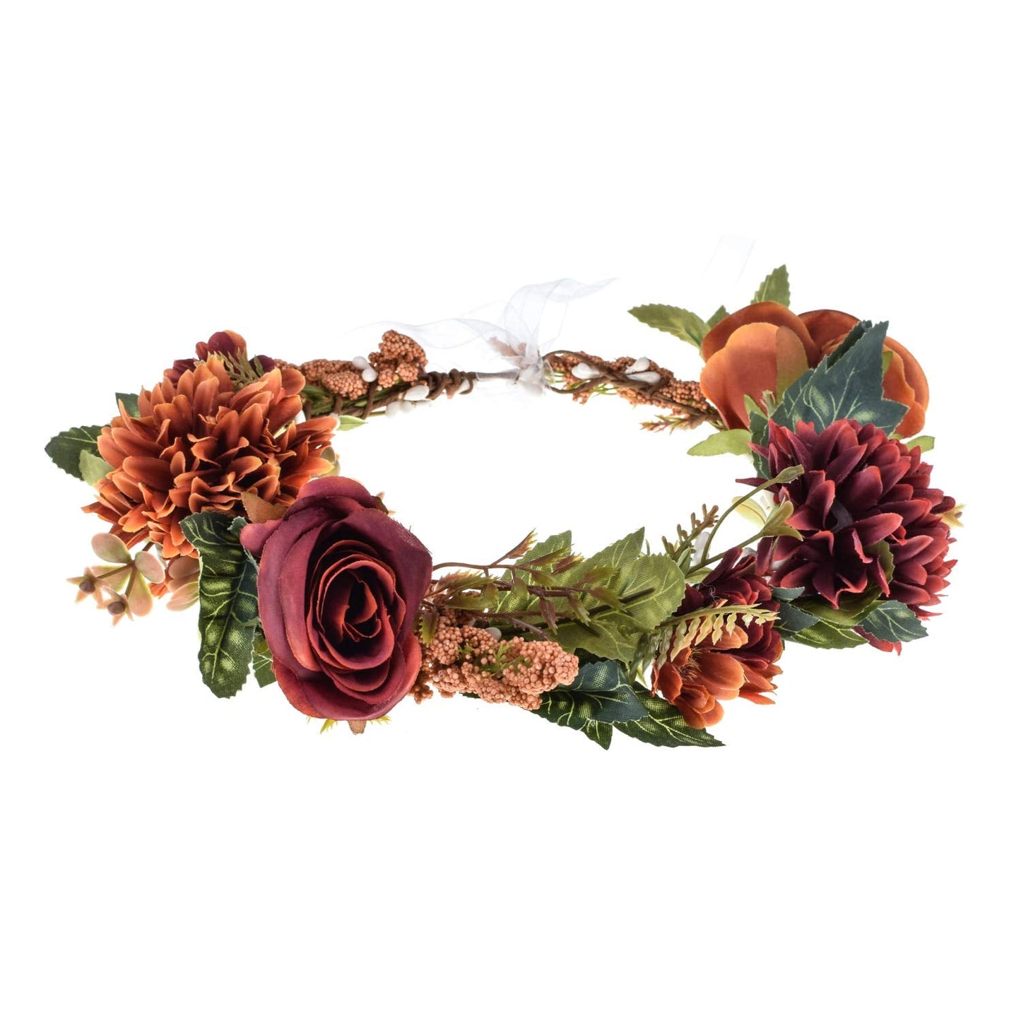 June Bloomy Women Floral Crown Wreath Flower Girls Headband Bridal BOHO Hair Garland Halo (Rose Burgundy)