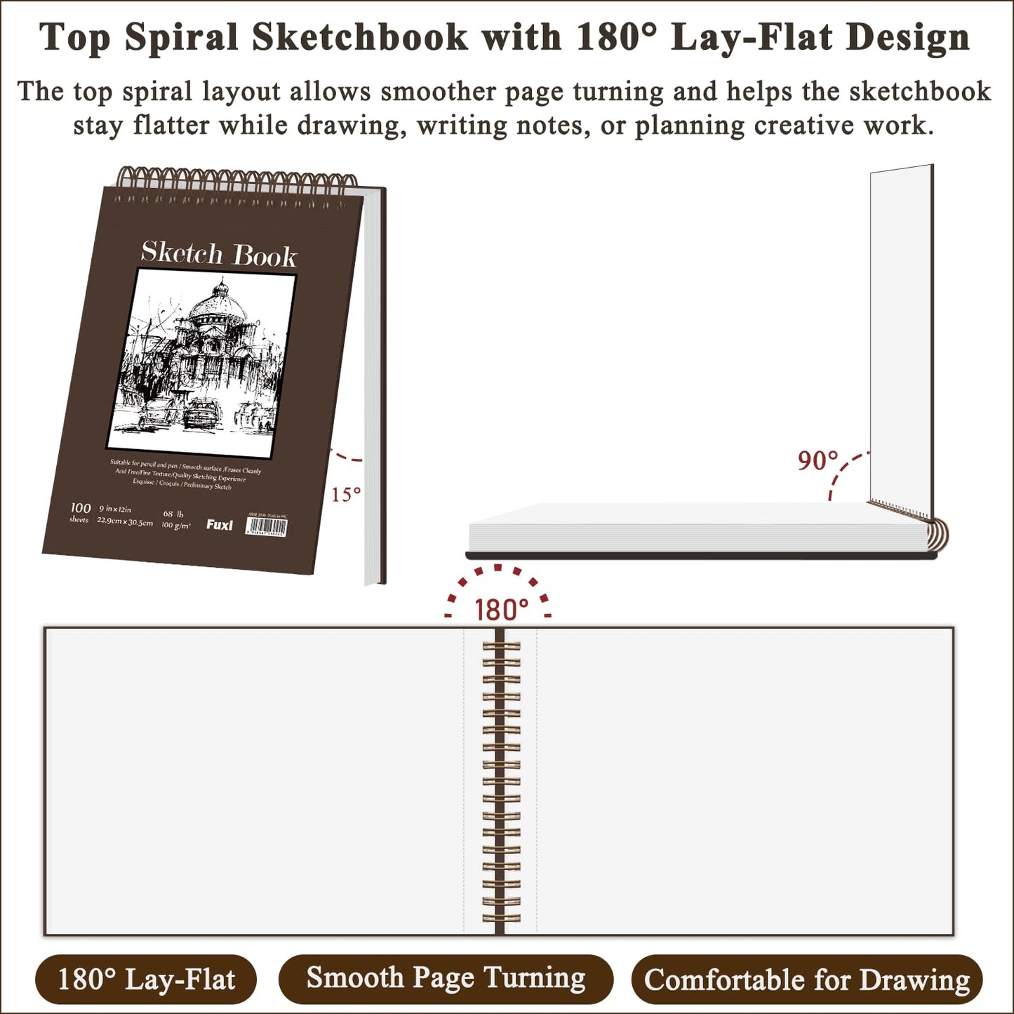 Fuxi 9" x 12" Sketch Book, Top Spiral Bound Sketch Pad, 100 Sheets 68lb/100gsm Acid-Free Drawing Paper, Art Sketchbook for Drawing Pad for Kids Artists & Beginners Professional Art Supplies for Adults
