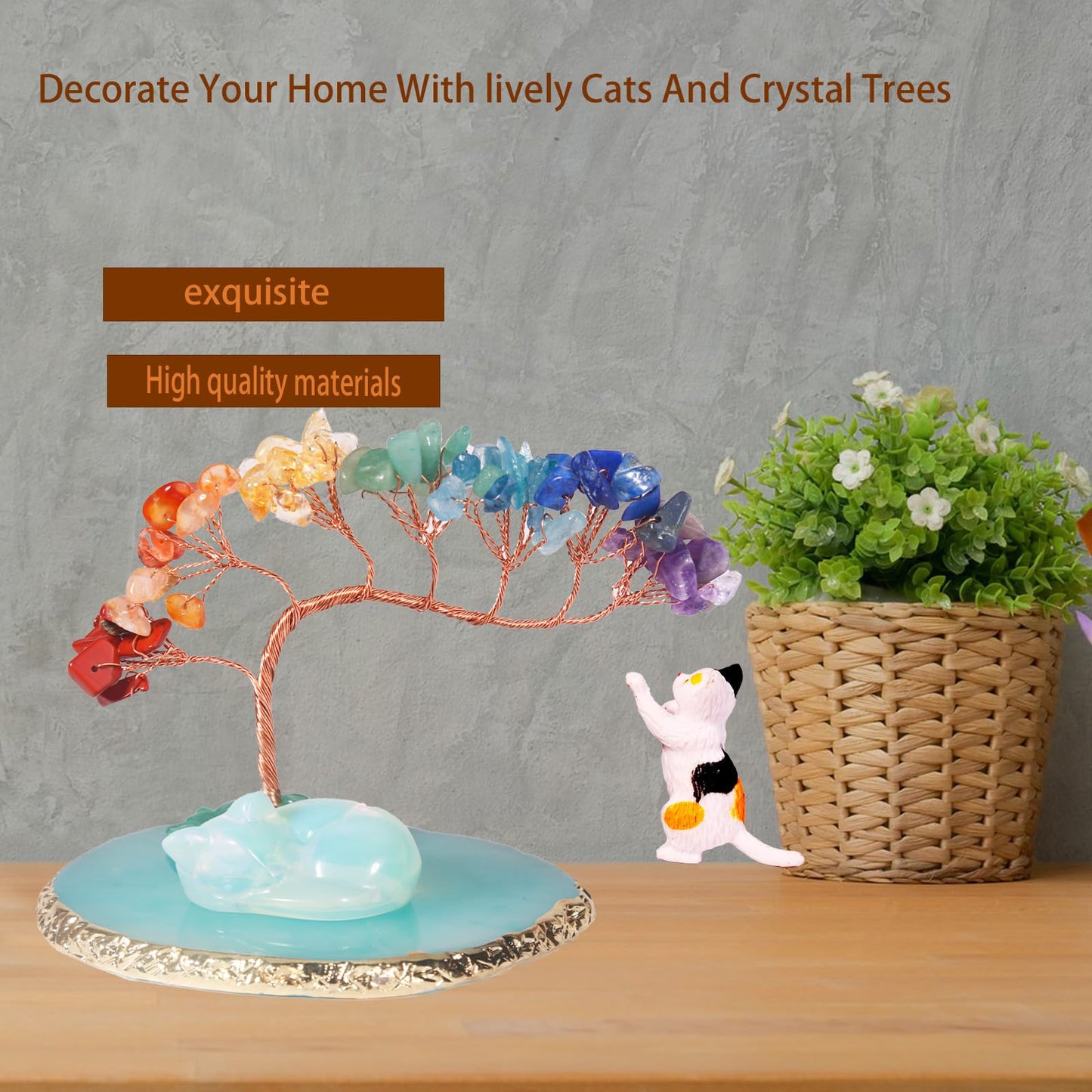 Dreamgirnh Opal Cat Chakra Crystal Tree and Healing Stones Cute Sleeping Cat Statue Lucky Kitten Figurine Office Bedroom Home Desk Fairy Garden Decoration Cat Lovers Gifts for Women (Opal)