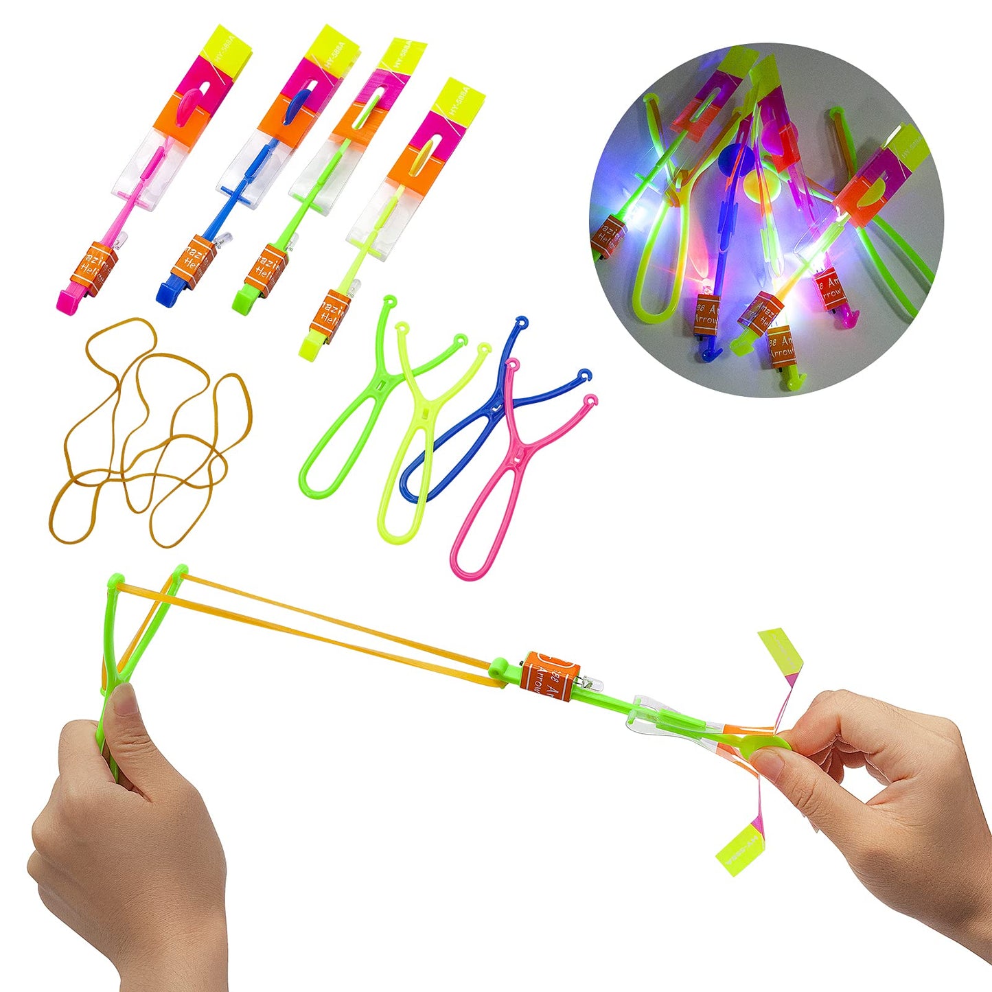 Rocket Slingshot Flying with LED Lights Glow The Dark Party,12 Launchers + 12 LED Helicopters,Slingshot Amazing Arrow Helicopter Glow Supplies for Kids (24 Pieces)