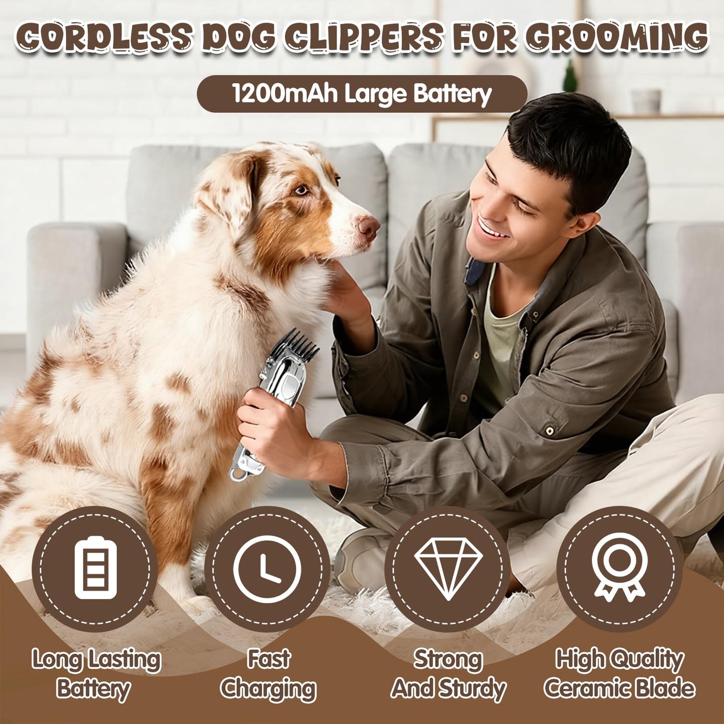 SKEFOLI Dog Grooming Kit with Dog Clippers Rechargeable Wireless Grooming Clippers, Pet Trimmer for Thick Fur, Stainless Steel Blades & Nail Trimmer