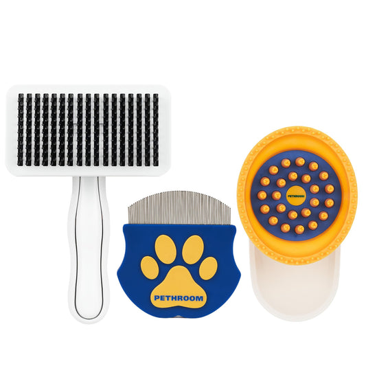 [PETHROOM] Healing Slicker Brush & Easy Facial Comb & Healing Brush Bundle | Pet Eye Booger Remover Rounded Comb & Coated Tips for Deshedding & Soothing Silicone Grooming Tool