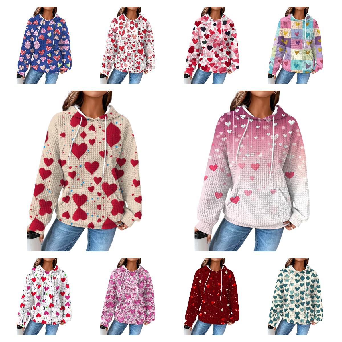 Valentines Day Outfit Women Heart Print Pullover Waffle Outdoor Warm Oversized Clothing Fashion Hooded Sweatshirt 2025 Spring Fashion Casual Elegant Dressy Cute Graphic Hoodies With Pockets,L
