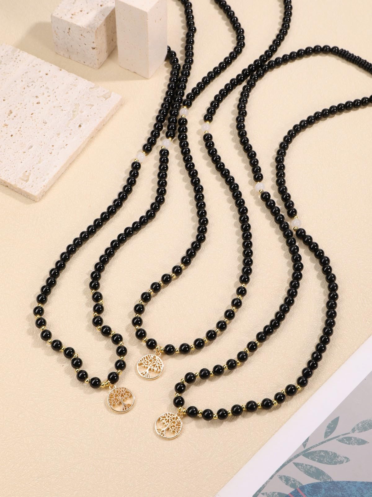 Jovivi 108 Mala Beads Bracelet Necklace, Natural Black Obsidian Healing Crystal Stones Prayer Beads Yoga Meditation Gemstone Necklace Gold Copper Tree Life Pendant
