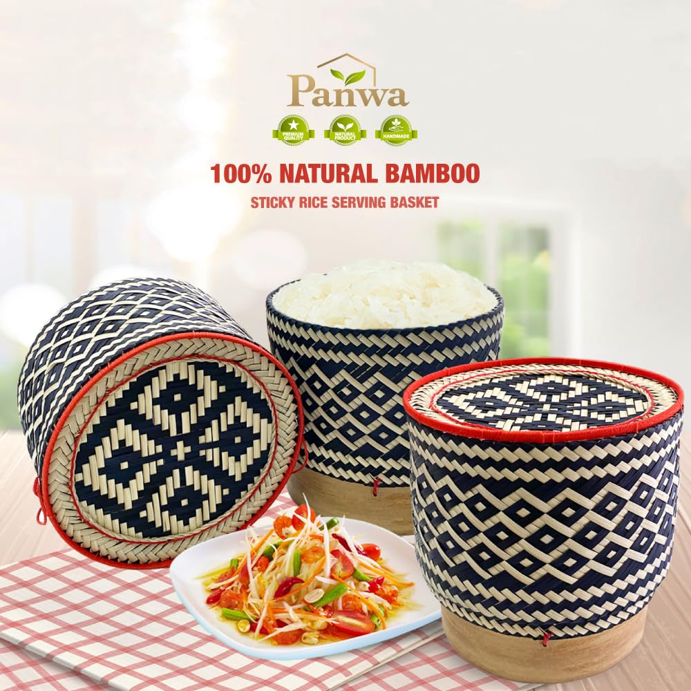 PANWA Bamboo Sticky Rice Serving Basket Thai Kratip Container 100% Handmade Traditional Village Handicrafts with Vegetable Plant Based Dye Coloring Shades Food Safe (Charcoal)