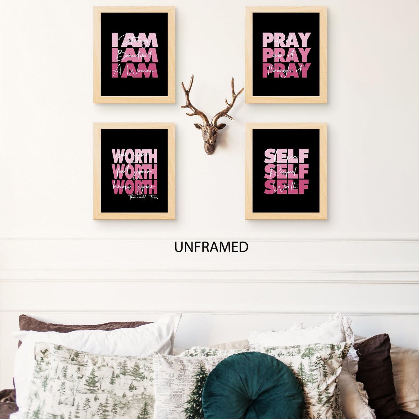 HUYAW Pink Woman Girl Inspirational Quotes Pray Worth Wall Art Prints Set of 4, Motivational Posters Gifts for Women Teen Girls Room Home Bedroom Office College Dorm Decor (Unframed), 8 x 10 In