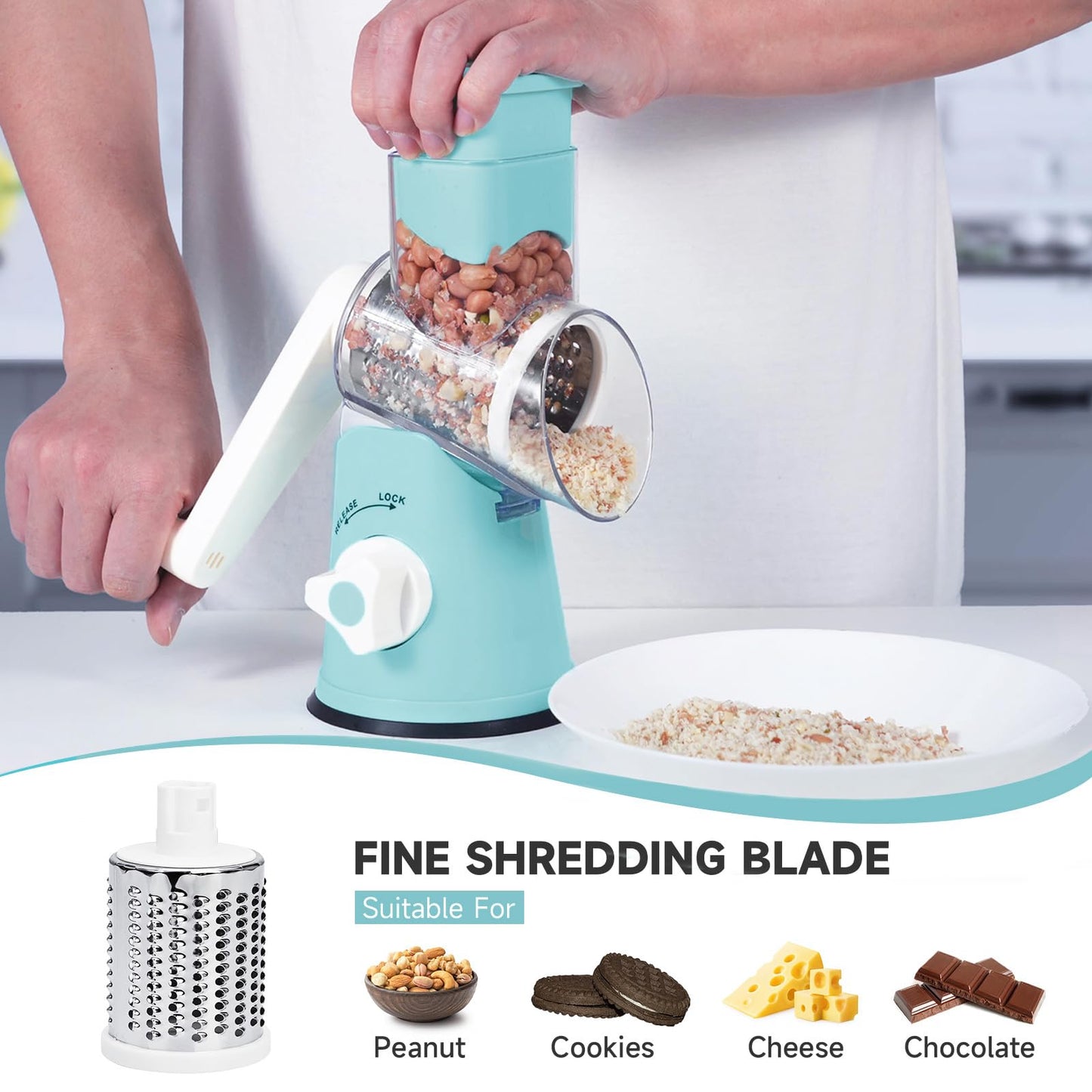REDPANT Rotary Cheese Grater, Cheese Grater Hand Crank with 3 Interchangeable Blades, Manual Cheese Shredder with Strong Suction Base, Easy to Use and Clean, Blue