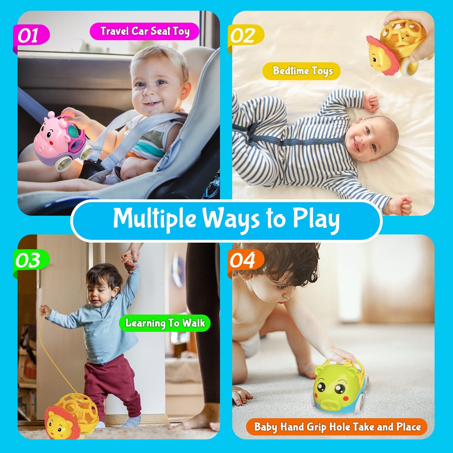 Baby Rattles Toy Car for Toddler Aged 1-3, 5.7in x4.33in Soft Rubber Montessori Sensory Toy for 0-6-12 Months Baby Gifts, Easter Basket Stuffers for Toddler, 1st Birthday Gifts for 1-2 Years Old Boys
