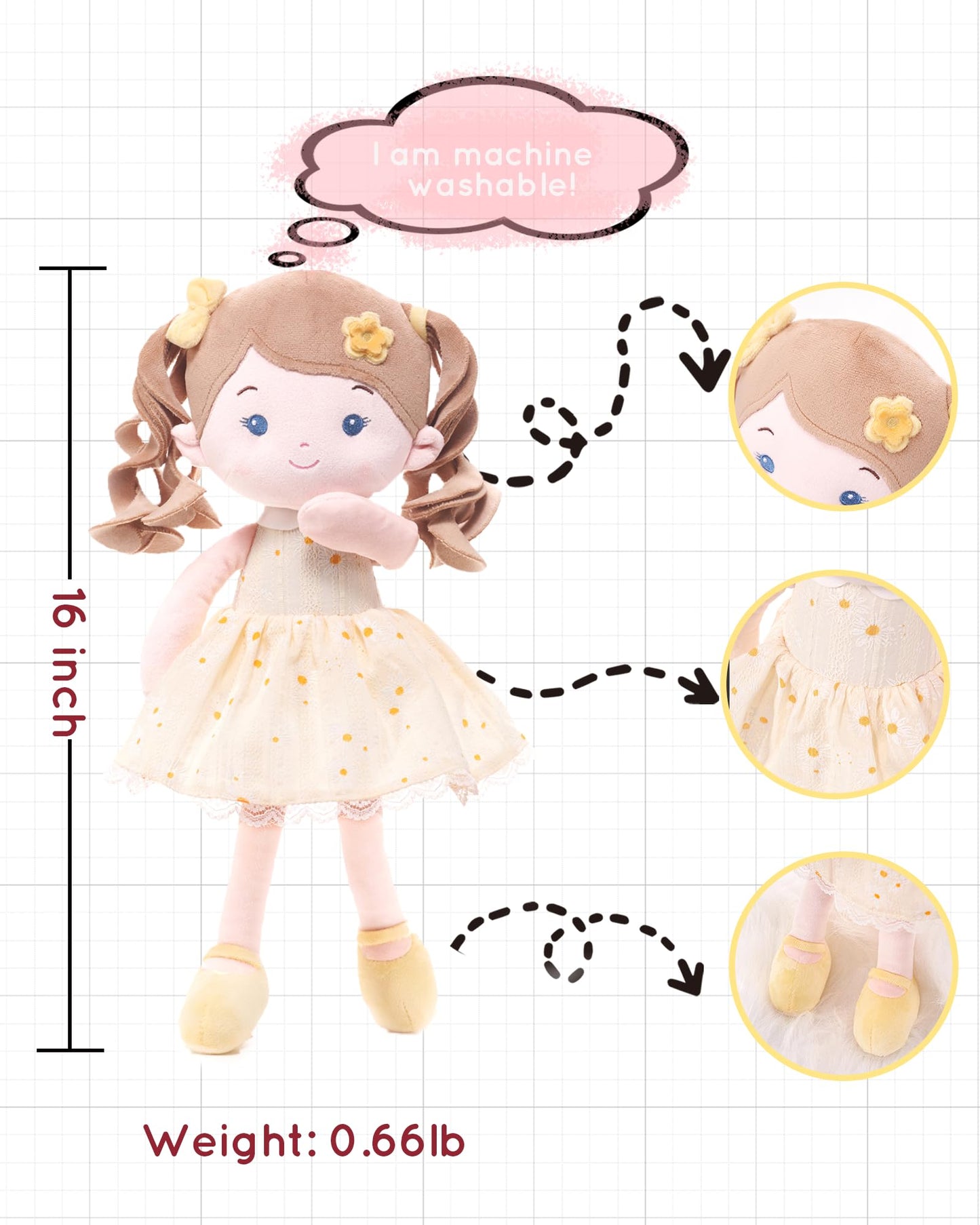 LeyaDoll Soft Baby Doll Toys (16''), My First Baby Rag Doll for 1 Year-Old Girl Birthday Gift, Christmas Plush Toys Gift for Toddler Kids Infants-Daydream-Daisy-Girl-Yellow
