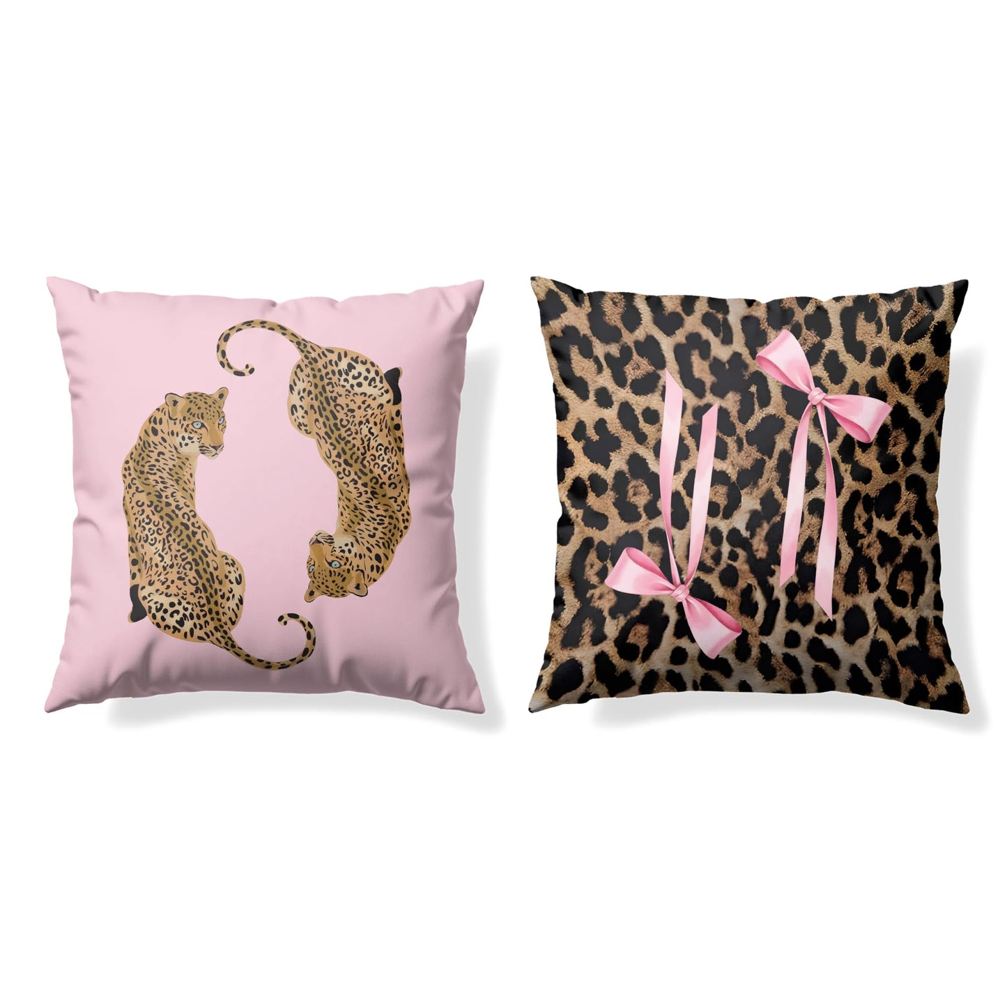 GTYNU Trendy Funky Pink Cheetah Coquette Bow Lip Pillow Covers 18x18 Set of 2,Cheetah Leopard Lover Gifts for Women,Coquette Preppy Pillow Covers for Girls Room Dorm Apartment Decor