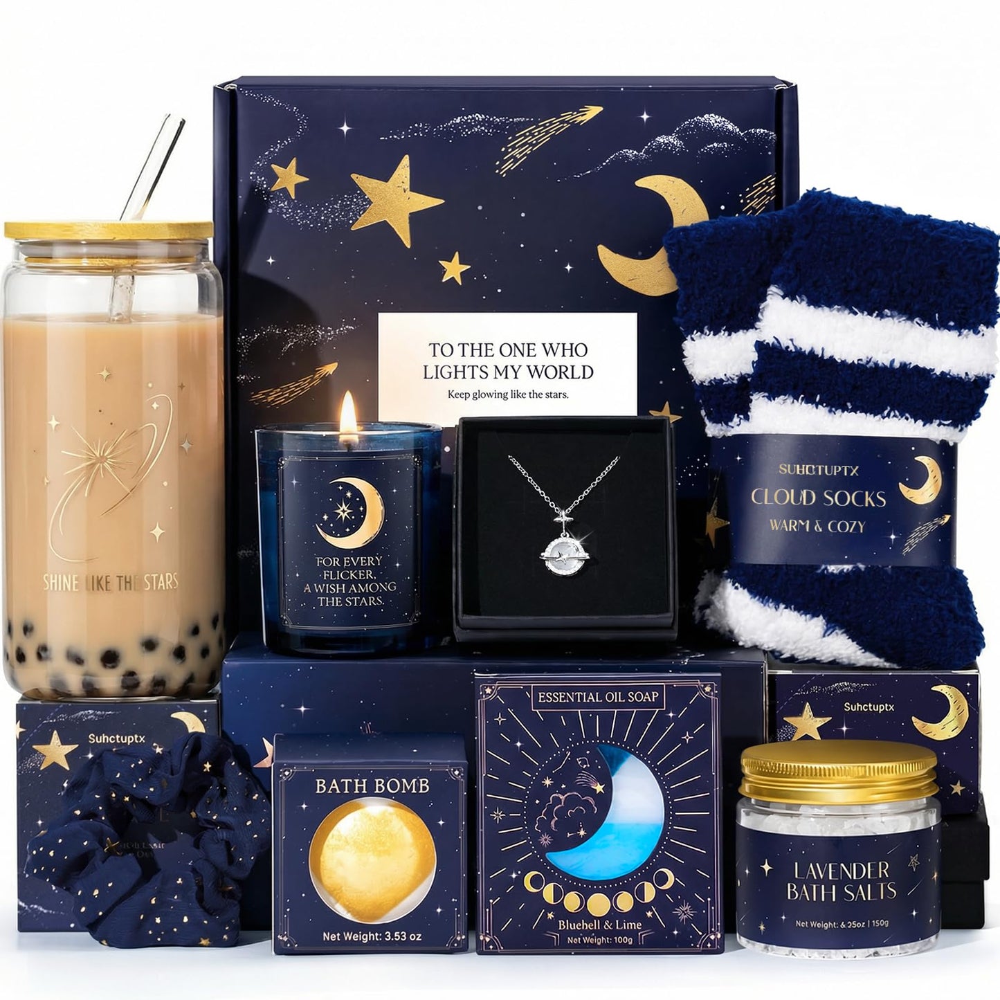 Suhctuptx Birthday Gifts for Women, Mothers Day Gifts for Mom, Starry Sky Spa Gift Basket with Universe Necklace, Self Care Gift Set for Her, Teacher Appreciation Gifts, Wife Sister Friend Boss Lady