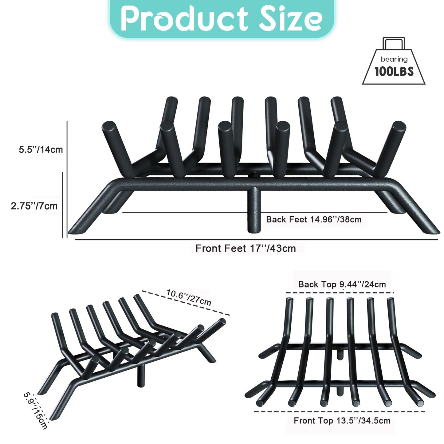 jkxoo 17-Inch Fireplace Grate, Heavy Duty 6-Bar Log Rack Holder Made of Solid Round Steel for Indoor/Outdoor Fire Pits, Wood Stoves & Kindling Tools
