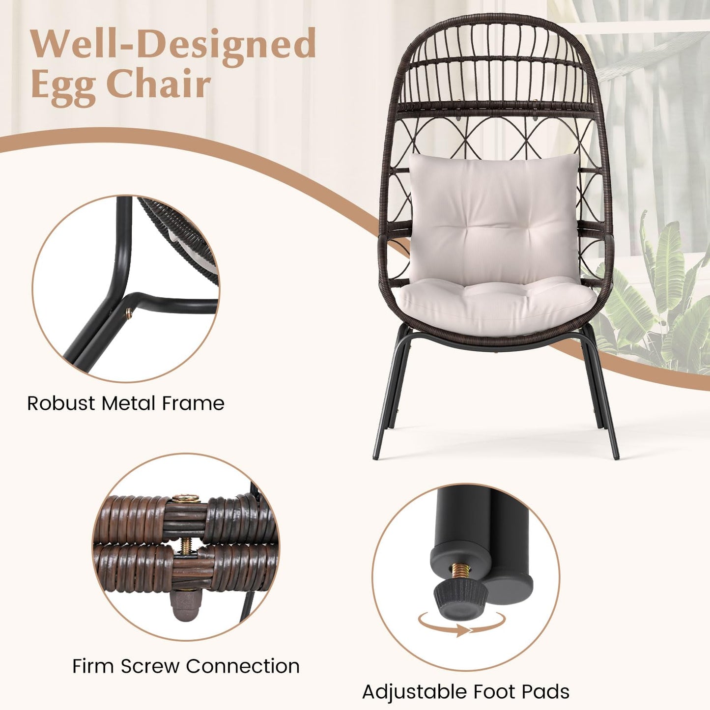 Tangkula Narrow Wicker Egg Chair Outdoor, Patio Rattan Lounge Basket with Seat & Back Cushions, Metal Indoor Outdoor Leisure Sofa Cocoon Chair for Bedroom, Backyard, Balcony, 400 lbs Max Load