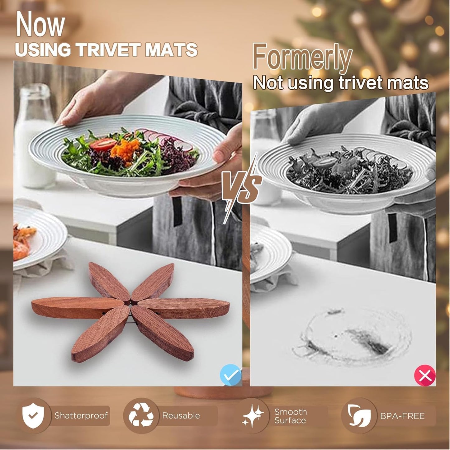Wood Natural Tree Trivet Set, Christmas Tree Shape Trivets for Hot Dishes, 3-Piece Wooden Set with Stand for Pots, Bowls, Teapots (Dark Brown)