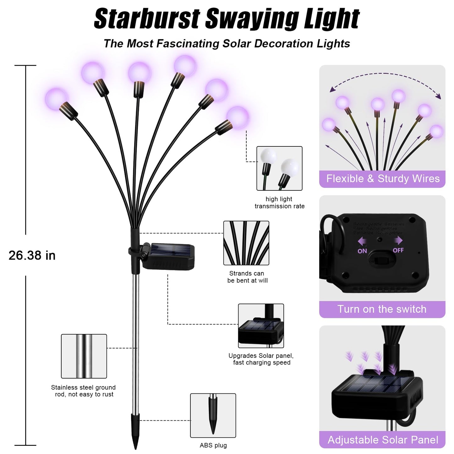 NBQQ Solar Garden Lights Outdoor, Waterproof Solar Powered Lights for Yard Pathway Patio, Swaying Lawn Decor as Gardening Gifts for Women Holiday (Purple, 6 Pack)