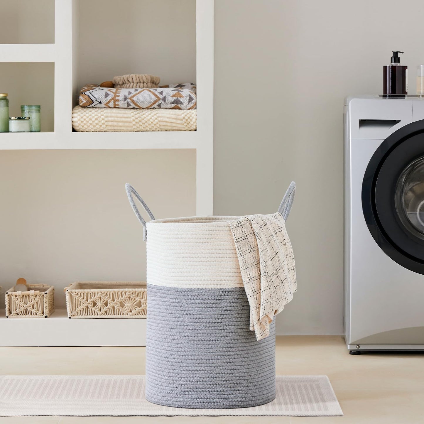 VIPOSCO Large Laundry Hamper, Tall Woven Rope Storage Basket for Blanket, Toys, Dirty Clothes in Living Room, Bathroom, Bedroom - 58L Grey & White