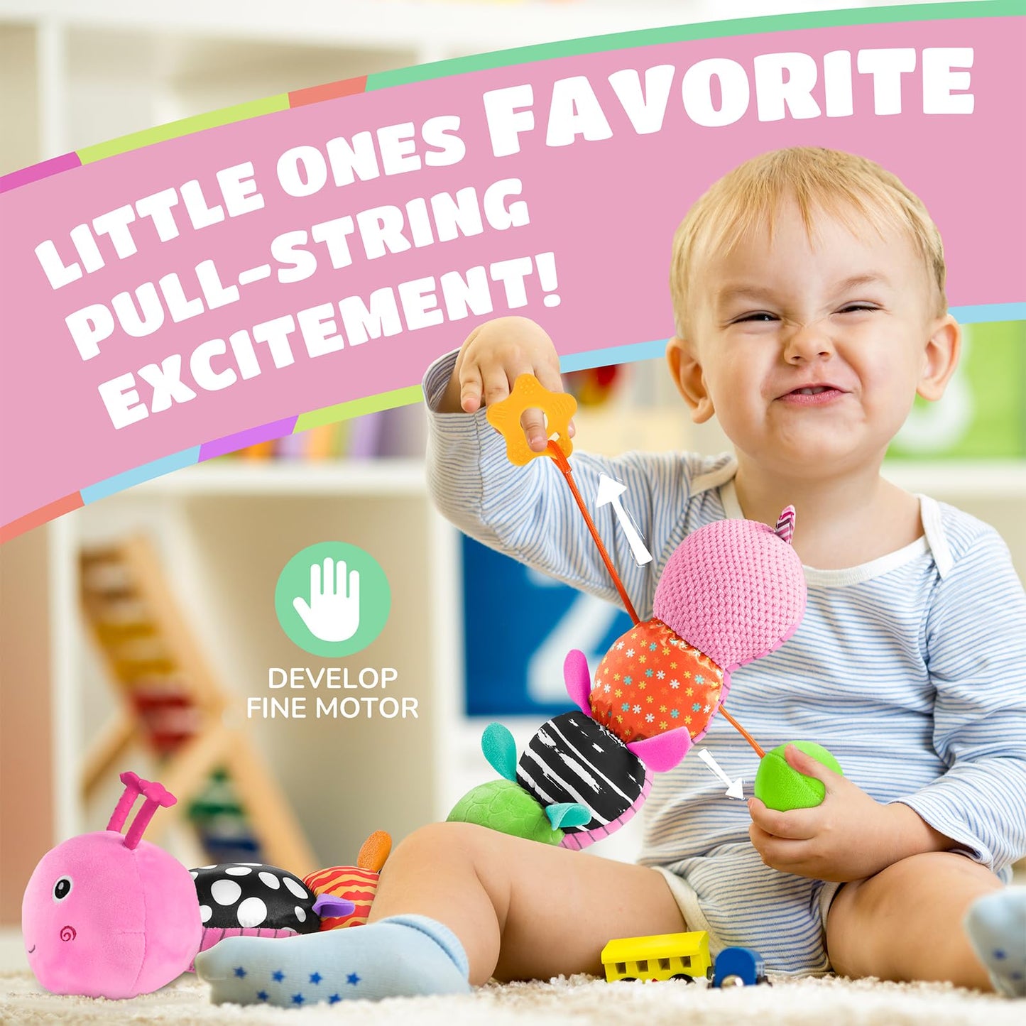 AWOTOY Baby Toys 6-12 Months Music Caterpillar Infant Toys Stuffed Animals 0-3-6 Months Teething Tummy Time Sensory Toys with Mirror Rattle&Pull String Boys Girls Birthday Gifts Easter Basket Stuffer