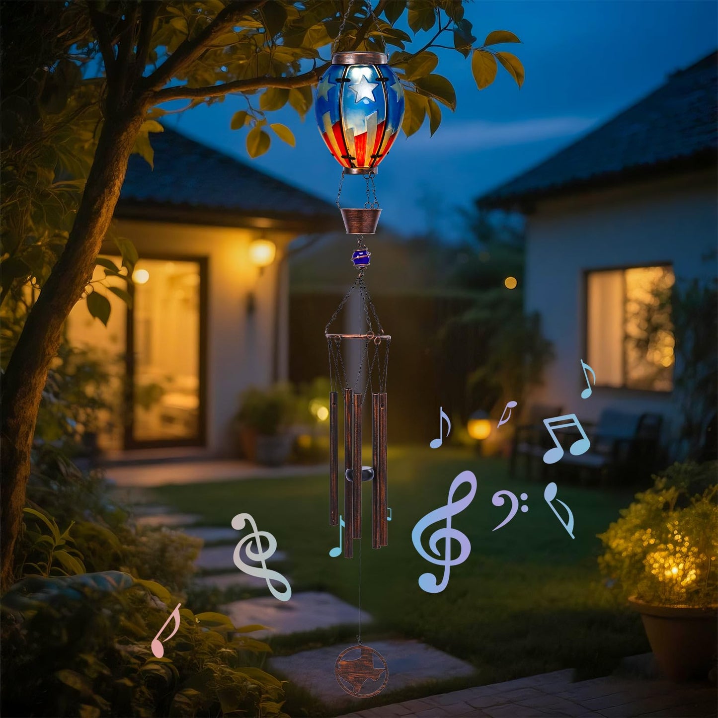 MUMTOP Solar Wind Chimes for Outside - American Flag Hot Air Balloon Wind Chimes Outdoor Unique, Glass Windchimes Clearance for Garden, Patio,Yard Decor Gift