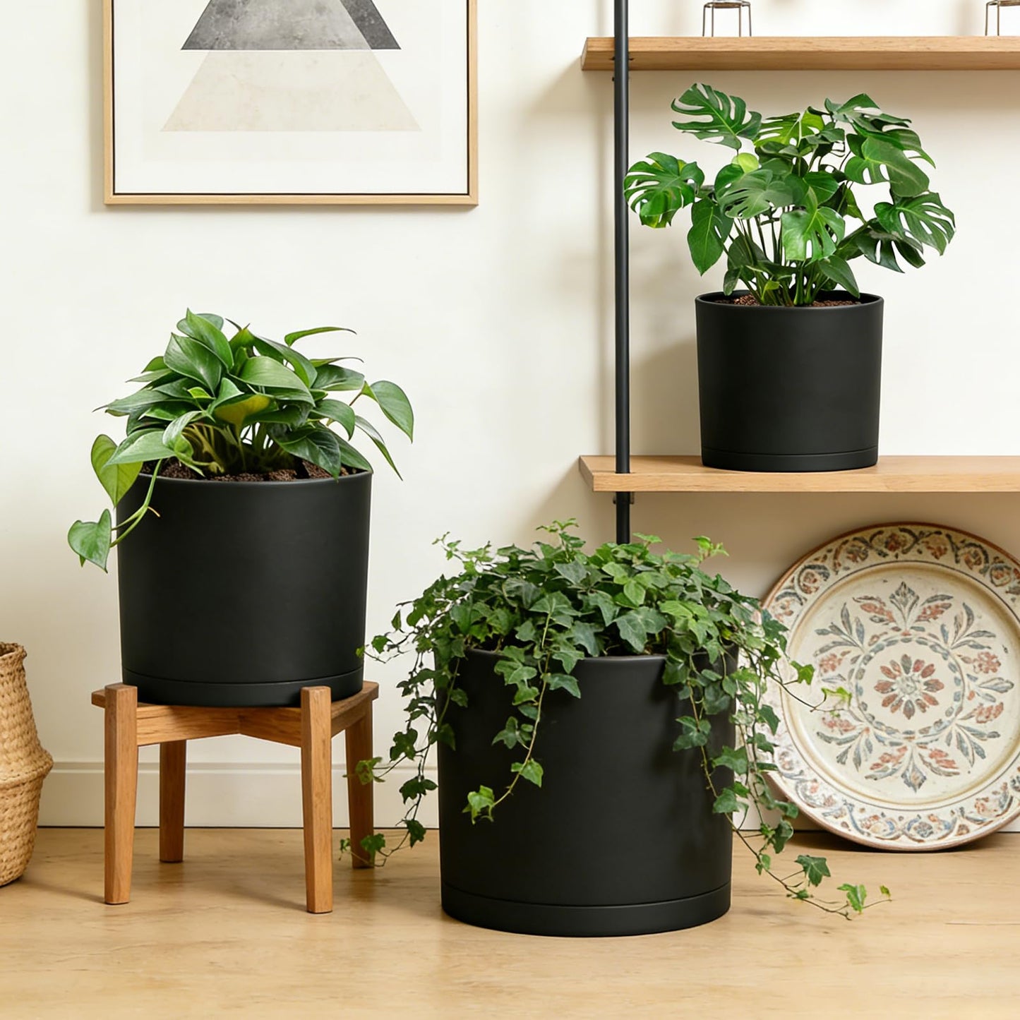 DGJDLWHX Large Plant Pots Set of 3 – 8", 9", 10" Indoor Flower Pots with Drainage Holes and Saucers, Big Planters for Monstera, Fiddle Leaf Fig, Snake Plant – 5 Colors