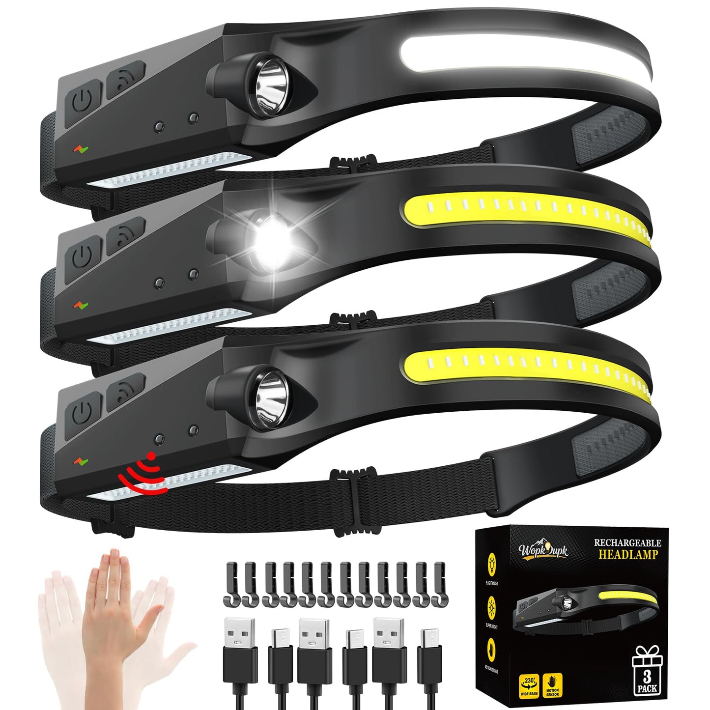 Rechargeable Headlamp 3PCS, 230° Wide Beam Head Lamp, Motion Sensor LED Headlamp Rechargeable, 5Mode Bright Headlamps for Adults, Head Lights for Forehead, Hard Hat Headlight, Camping Essentials Gear