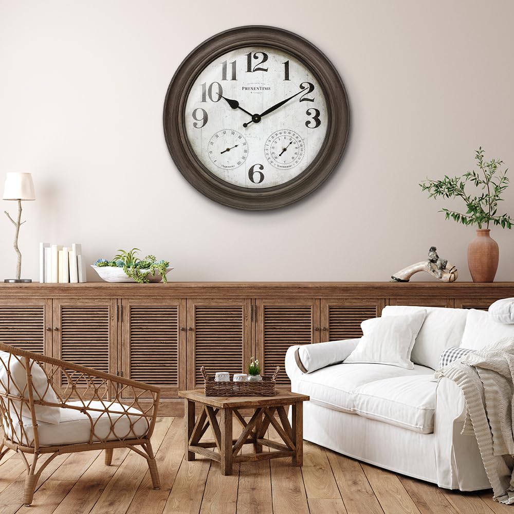 Presentime & Co. 26" Clifton in/Outdoor Farmhouse Clock with Thermometer & Hygrometer as All in One Weather Station, Farmhouse Wall Art and Timepiece for Home Decoration, Grey Oak Finish