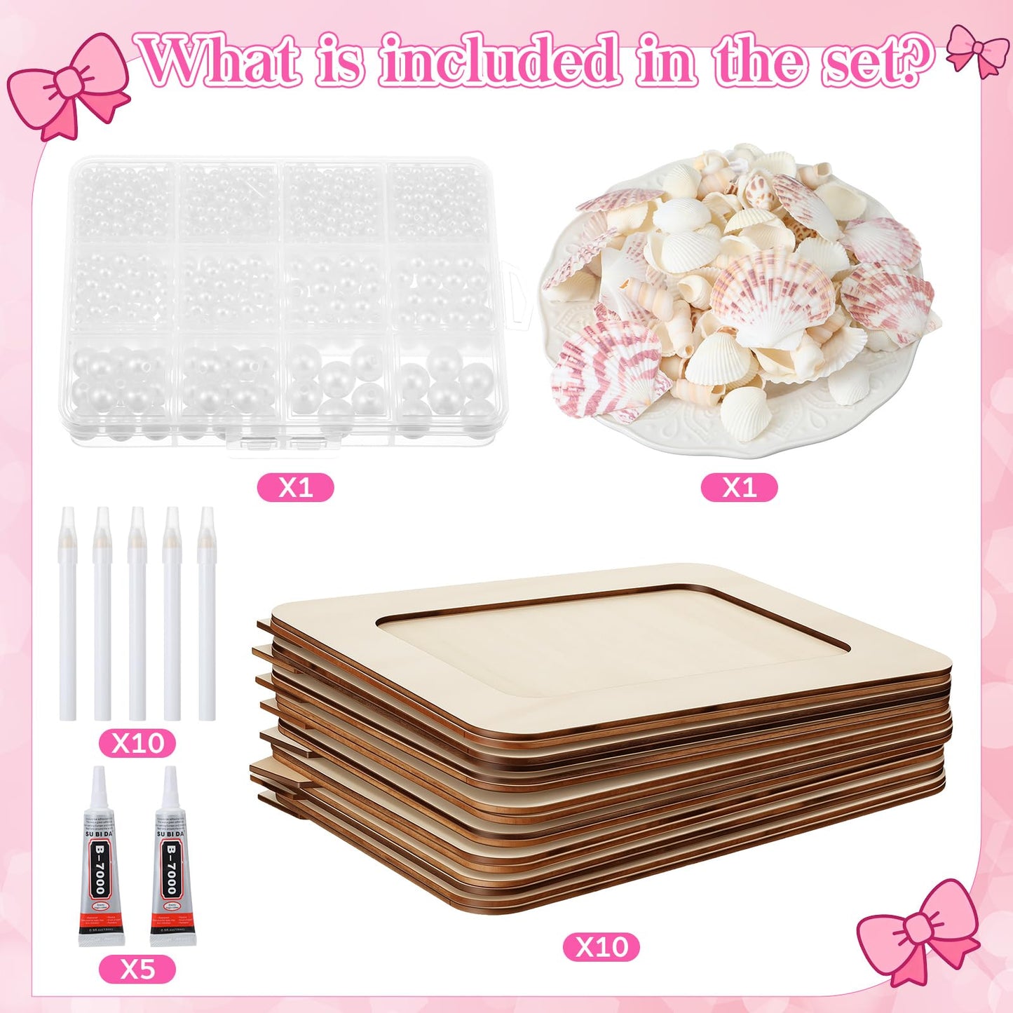 Yousoontic 10 Sets DIY Picture Frame Craft Kit for 4" x 6" Photos Unfinished Wooden Craft Photo Frames with Shells Pearls and DIY Tools Set Art Gift for Friends Family Summer Party Decoration