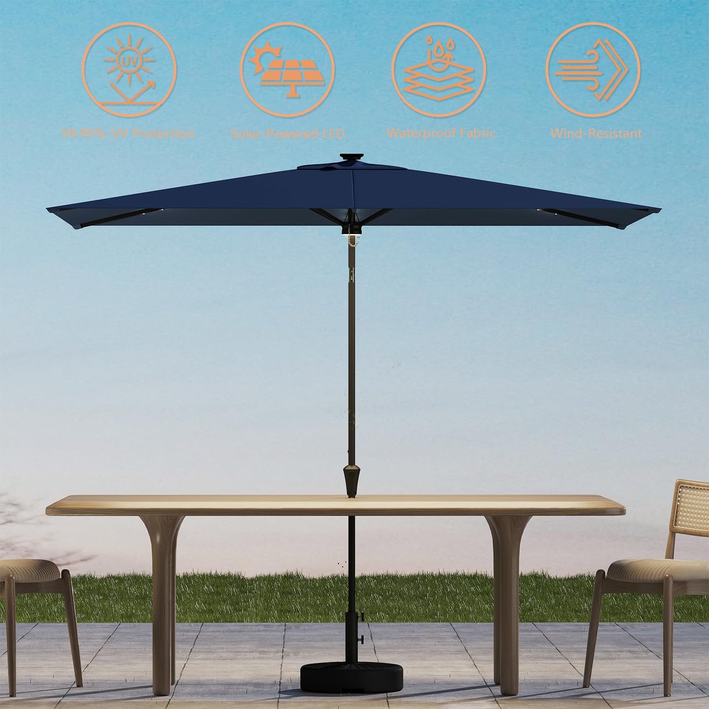 C-Hopetree 6.5 x 10 ft Rectangular Outdoor Patio Market Table Umbrella with Solar LED Lights, Navy Blue