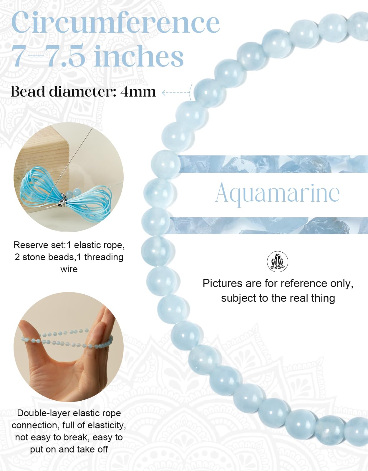 Landorilo Beaded Bracelet for Men Women, 4mm Natural Stone Aquamarine Healing Crystal Stretch Bracelets, Ideal Christmas Birthday Jewelry Gifts with Energy Card，Replacement Beads Included