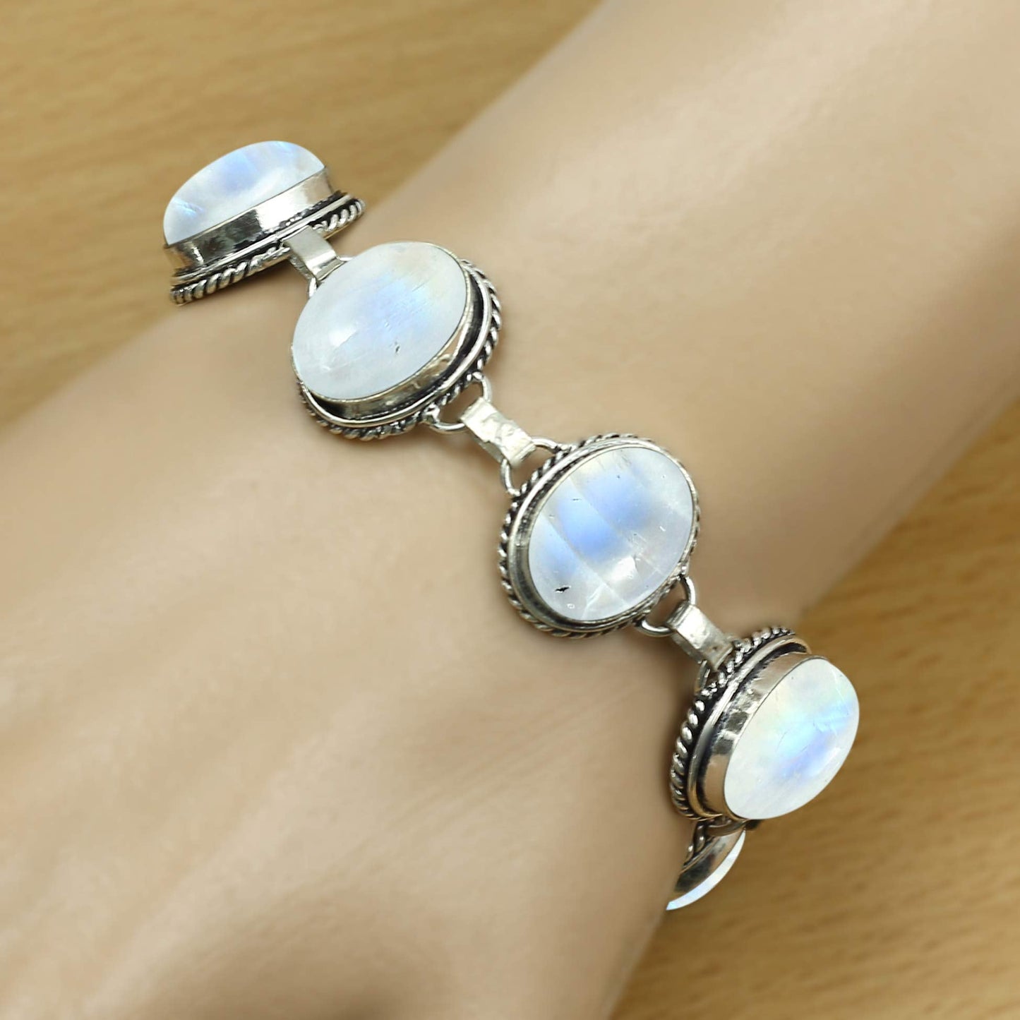 Natural Moonstone Silver Plated Handmade Link Bracelet for Women - White Stone Oval Shape Gemstones June Birthstone Adjustable Bracelet - Wedding Gifts for Her