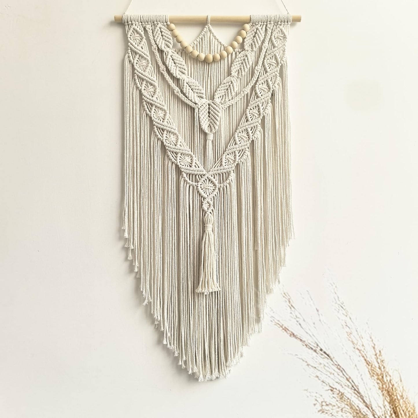 Macrame Wall Hanging Boho Geometric Woven Tapestry Cotton Handmade Bohemian Art Decor with Wood Bead Wall Decor for Bedroom Living Room Apartment Nursery 31.5" L x 17" W (Wood Bead-Y)