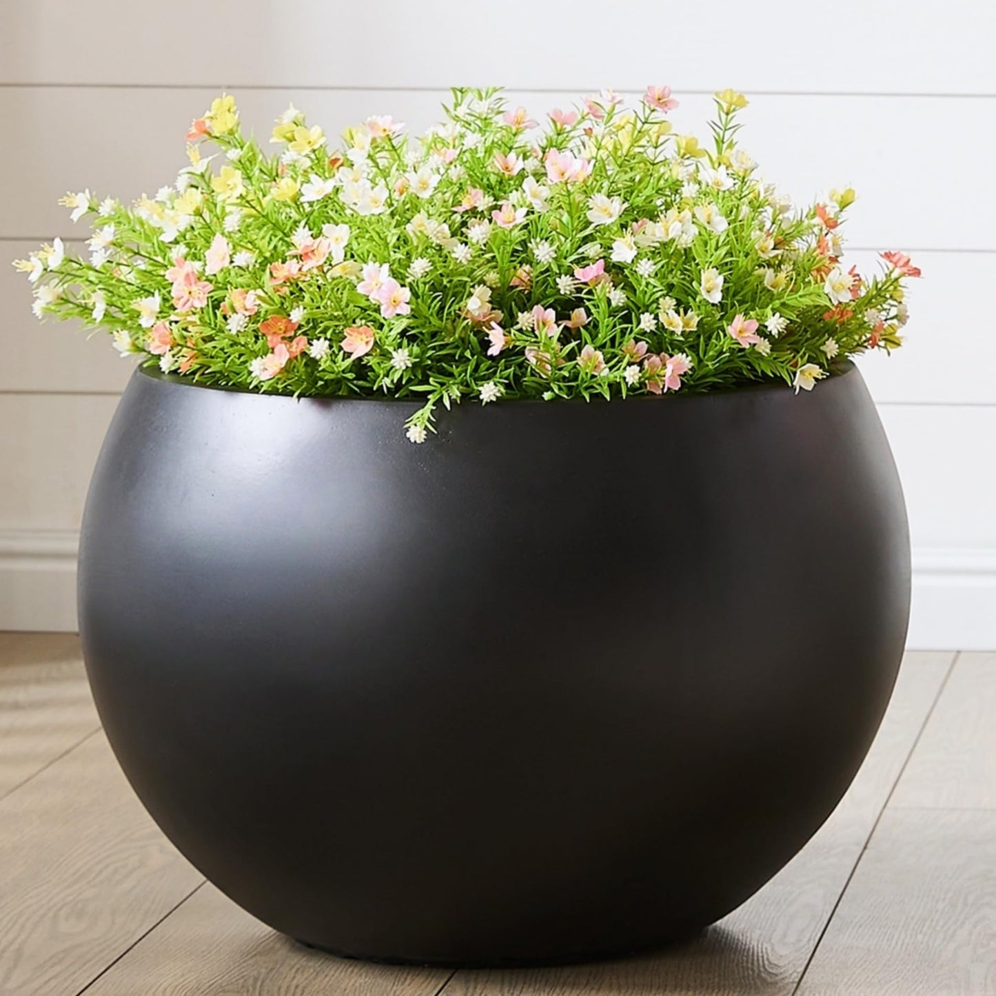 FloraFairy Fiberstone Sphere Planter, Black 19.3" Dia Large Flower Pot with Drainage Hole and Silicone Plug, Round Plant Container for Indoor or Outdoor, 15" Opening-13 H Large