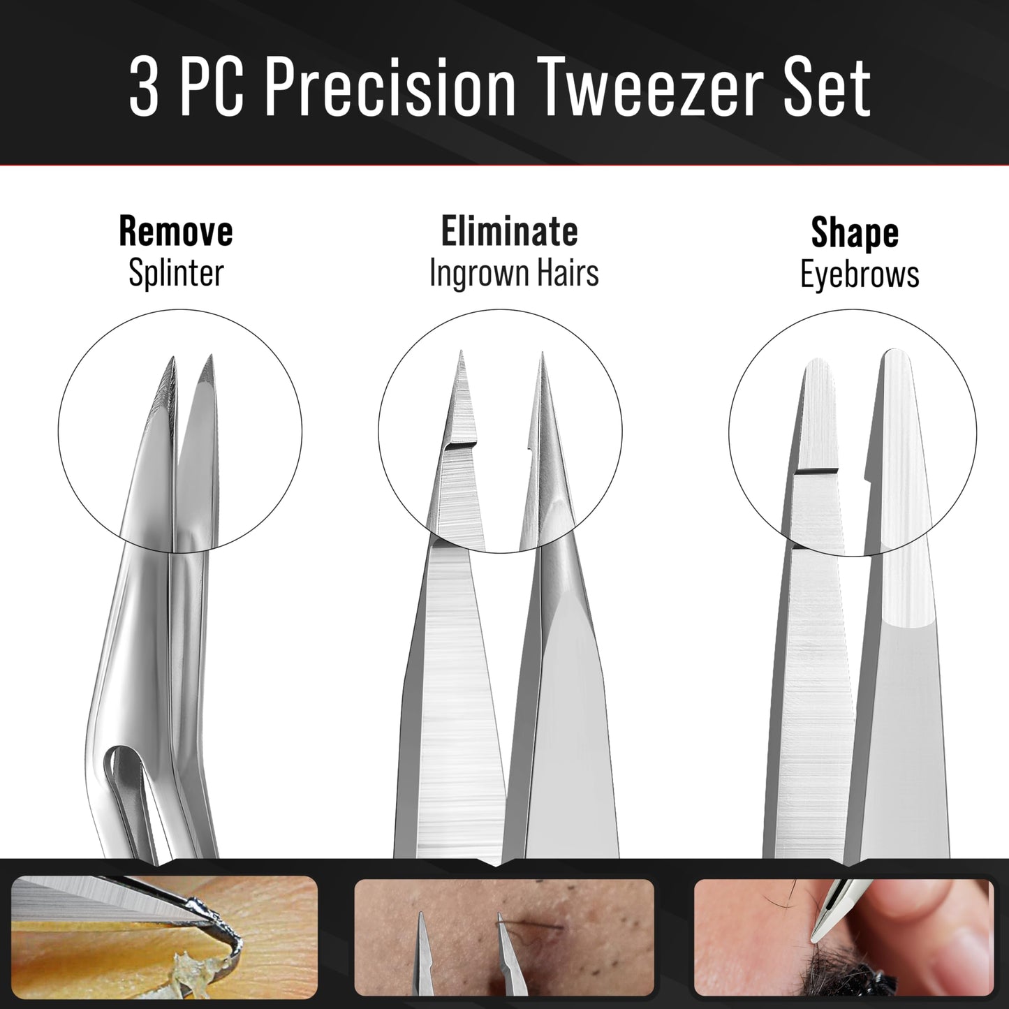 DUROX 3-Piece Tweezers Set for Ingrown Hair & Splinter Removal - 1. Pointed Ingrown Hair Tweezers, 2. Sharp Splinter & Sliver Remover, 3. Blunt Tip Facial & Chin Hair Tweezers, Stainless Steel, Pouch