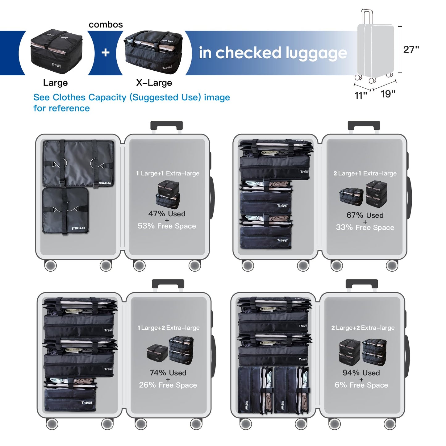Grand Fusion Stow-N-Go Packing Organizer for Luggage, Portable Hanging Travel Shelves, Carry-On Closet, Hanging Packing Cubes, Collapsible Carry-On Organizer for Cruises & Hotels. Black - L