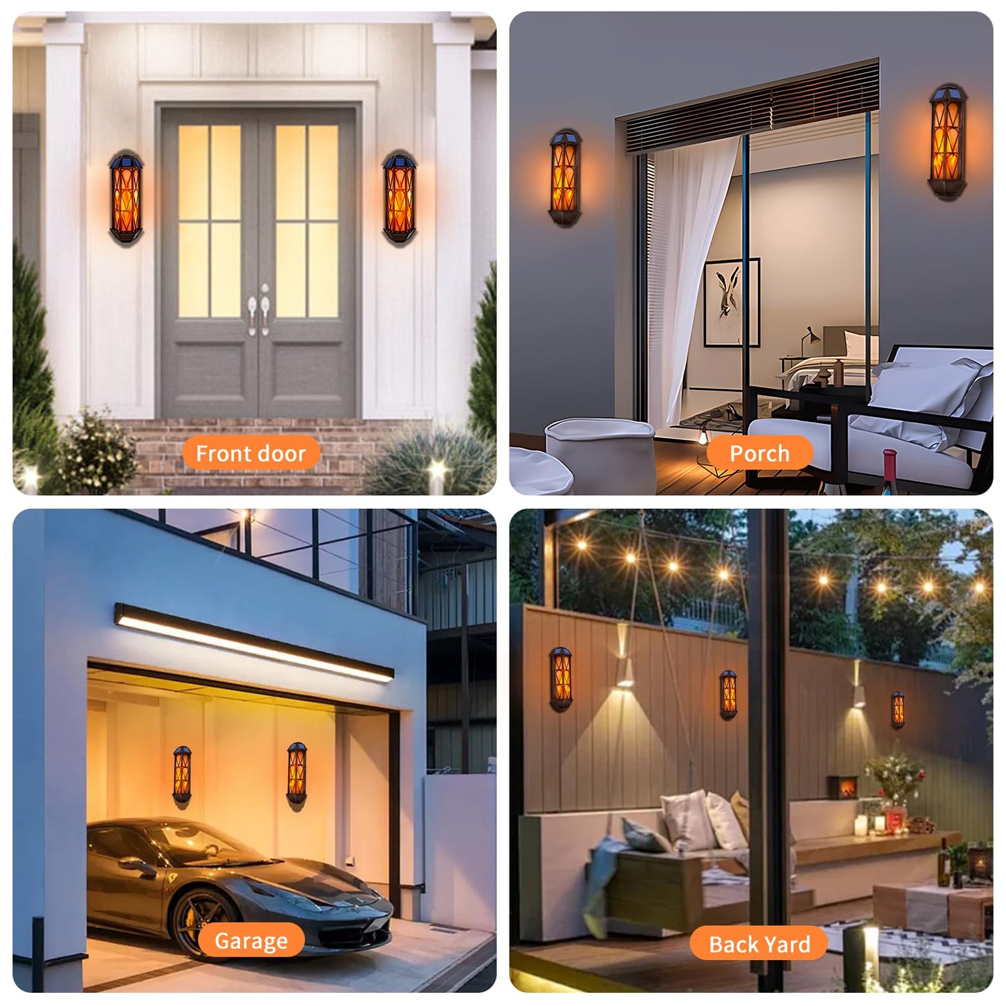 Solar Flame Wall Sconce Lights Outdoor, 74 LED Flickering Flame Sconces, Solar Powered Auto On/Off, Waterproof Wall Lanterns for House Garage Doorway Garden Porch Patio Yard Decoration (2 Pack)