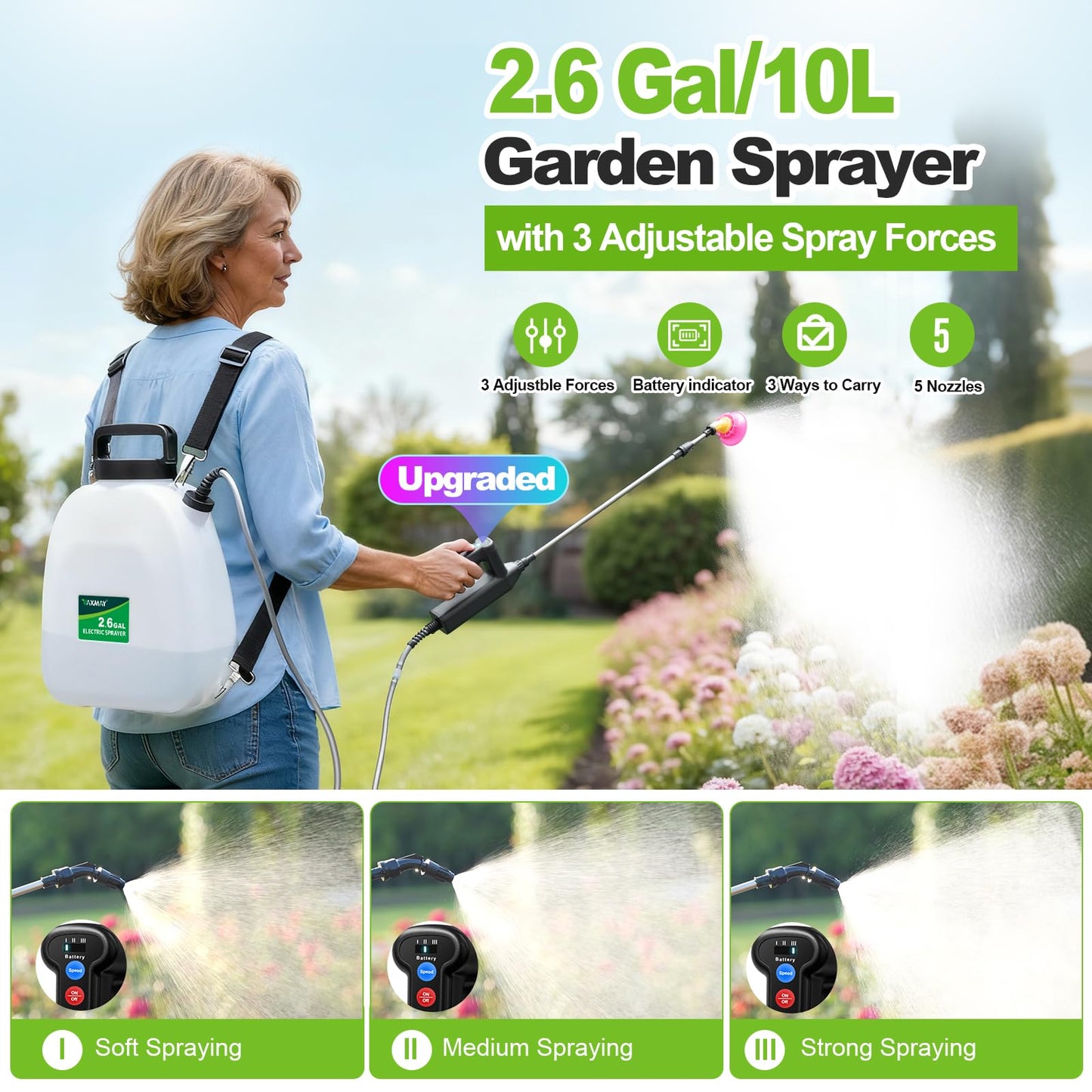 VAXMAY Battery Powered Sprayer 2.6 Gallon, Backpack Sprayer with 3 Adjustable Forces, Battery Indicator, 5 Mist Nozzles, 41" Retractable Wand, USB Rechargeable Garden Sprayer for Weed Lawn Yard
