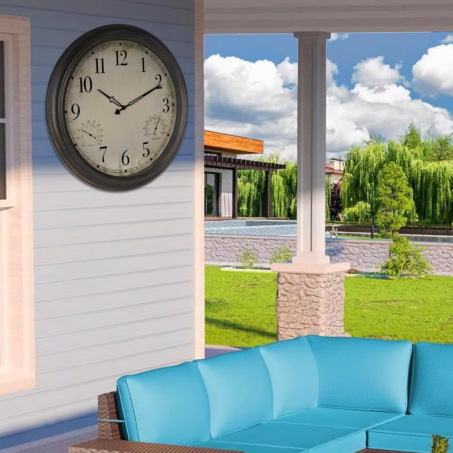 Yumt 18 Inch Wall Clock, Retro Outdoor Clock Non-Ticking Waterproof Indoor Outdoor Clock with Thermometer, Bronze