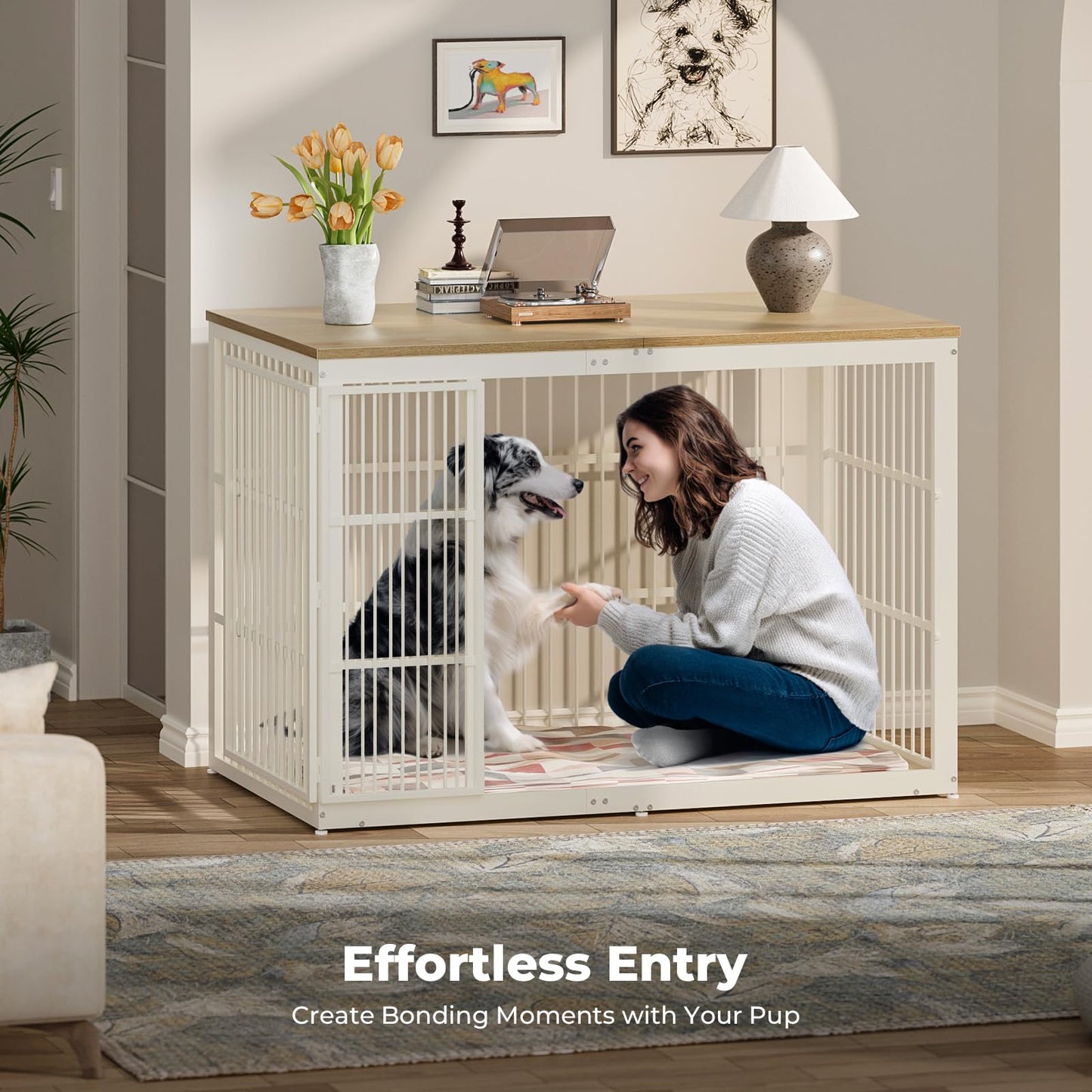 Lyromix 54" Dog Crate Furniture with Foldable Door, XXL Dog Crates for Large Dogs, Wooden Decorative Dog Cage Kennel Indoor End Table, Natural Beech