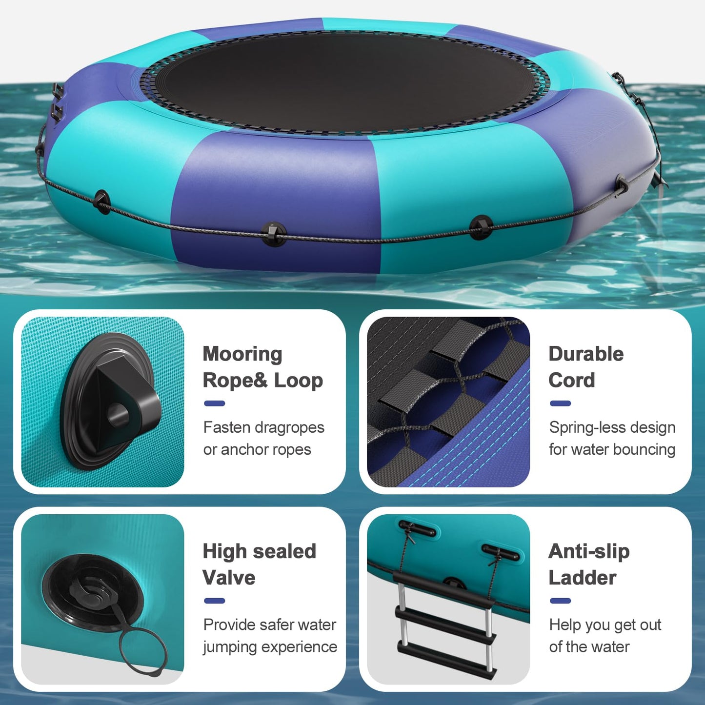10FT Inflatable Water Trampoline, Recreational Water Bouncer, Adults Youth Floating Rebounder with 4-Step Ladder, Portable Bounce Swim Platform for Pool, Lake, Water Sports