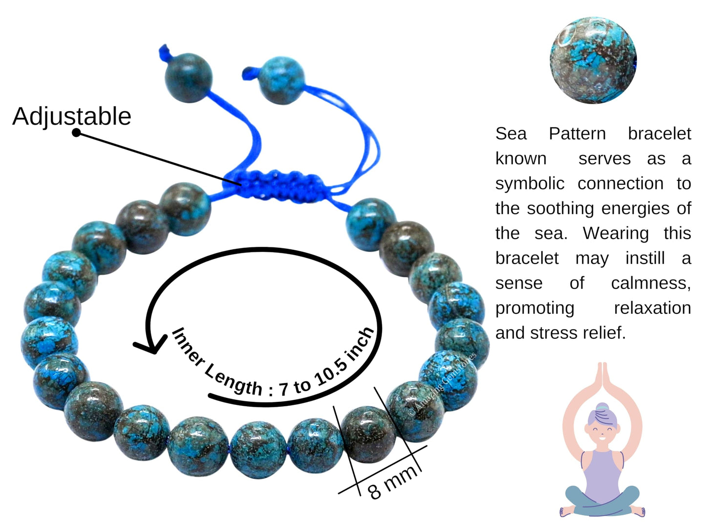 Amazing Gemstone Sea Pattern Bracelet, Gifts For Men & Women - Protection Healing Crystal Bracelet - 8mm Gemstone Beaded Adjustable Bracelet, Pulseras Para Hombres Mujer Stocking Stuffers