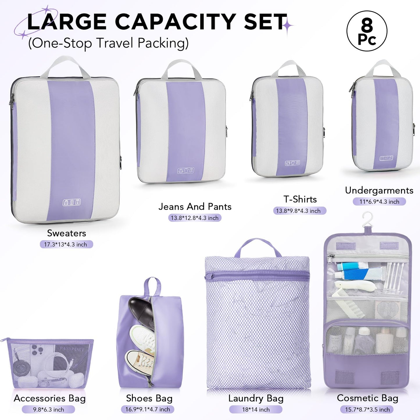 8 Set Compression Packing Cubes for Travel Essentials,Compressible Expandable Packing Cubes for Suitcase,OlarHike Luggage Organizer Bags for Travel,Handy Helper for Organizing Clothes(Purple Gray)