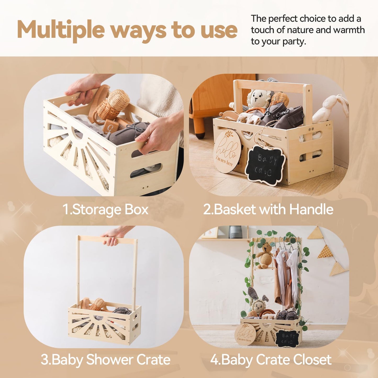 8 In 1 Wooden Baby Shower Crate Closet, Baby Basket with Handle Footprint Kit for Baby Shower Gifts, Baby Shower Wooden Gift Crate, Baby Personailzed Basket for Pregnancy New Parent