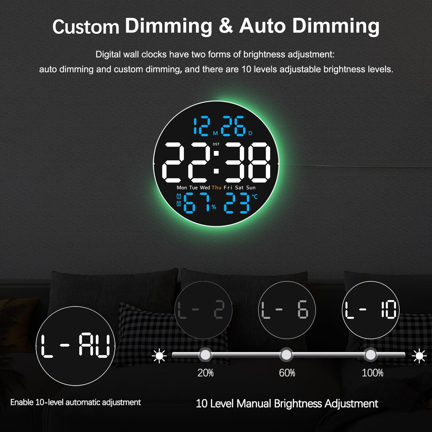 JoFomp 10" Large Digital Wall Clock with Remote Control, LED Display, Plug-in Digital Alarm Clock, Auto Brightness, DST, Temperature, Humidity, Applied to Classroom, Bedroom, Living Room, Office, Gym