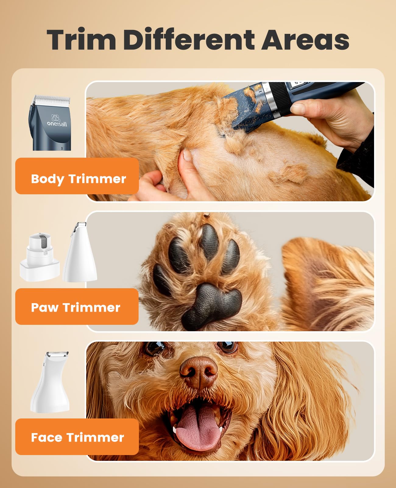 oneisall 4 in 1 Dog Clippers and Paw Trimmer Grooming Kit, Low Noise Cordless Dog Clippers for Grooming Pet Hair Trimmers for Small and Large Dogs Cats Animals