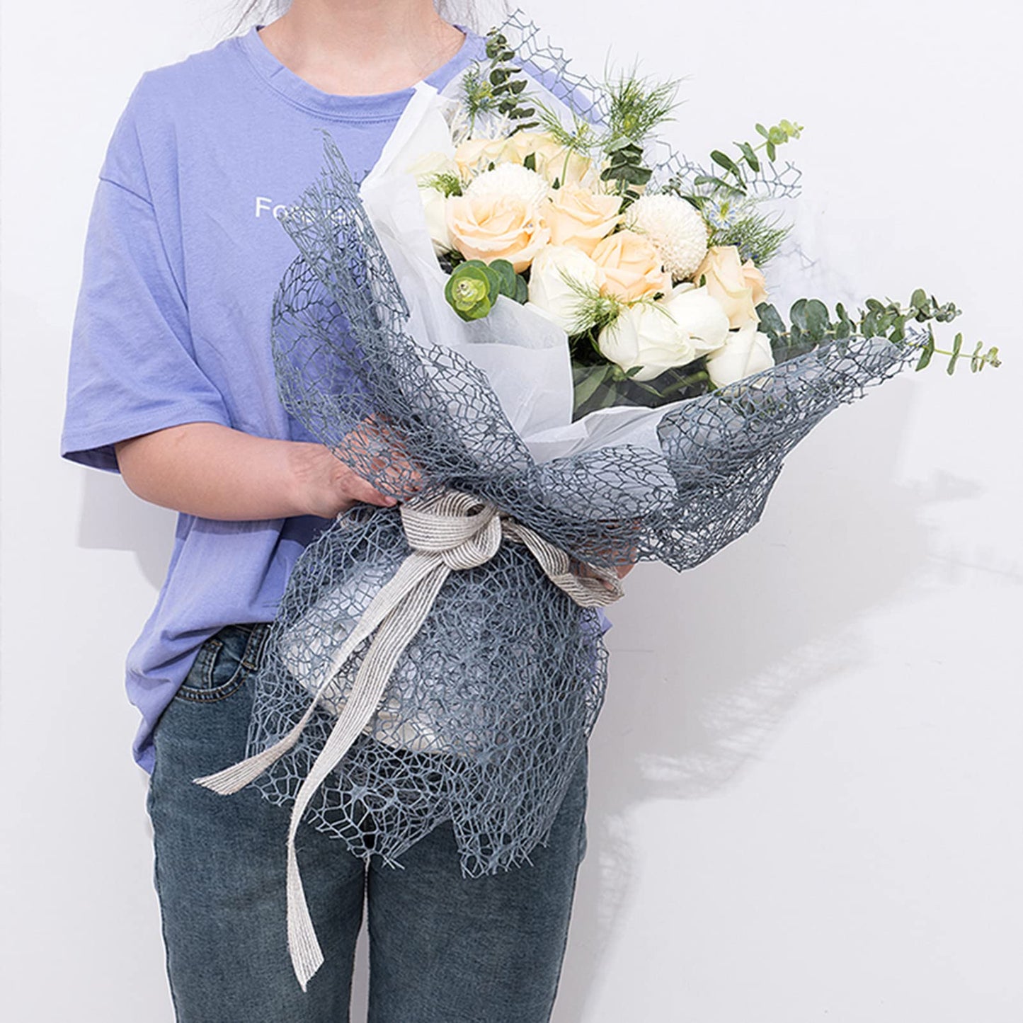 Korean Jacquard Net Mesh Openwork Floral Wrapping Paper 1 Roll Florist Supplies Flower Bouquet Wrapping Paper Floral Supplies for Fresh Flowers, 50cm x 5 Yard (Smoke Blue)