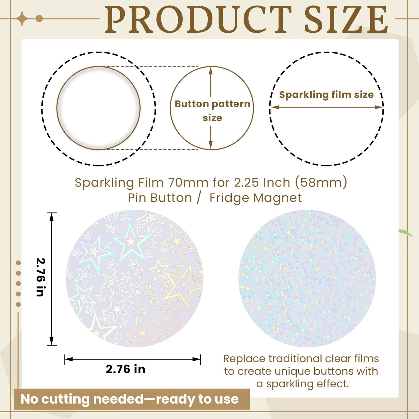 200 Pcs Badge Protective Film 70mm (2.76 in), 8 Styles of Holographic Glitter, Badge Film for 2.25 Inch 58mm Button Maker Machine, 58mm Button Making Supplies