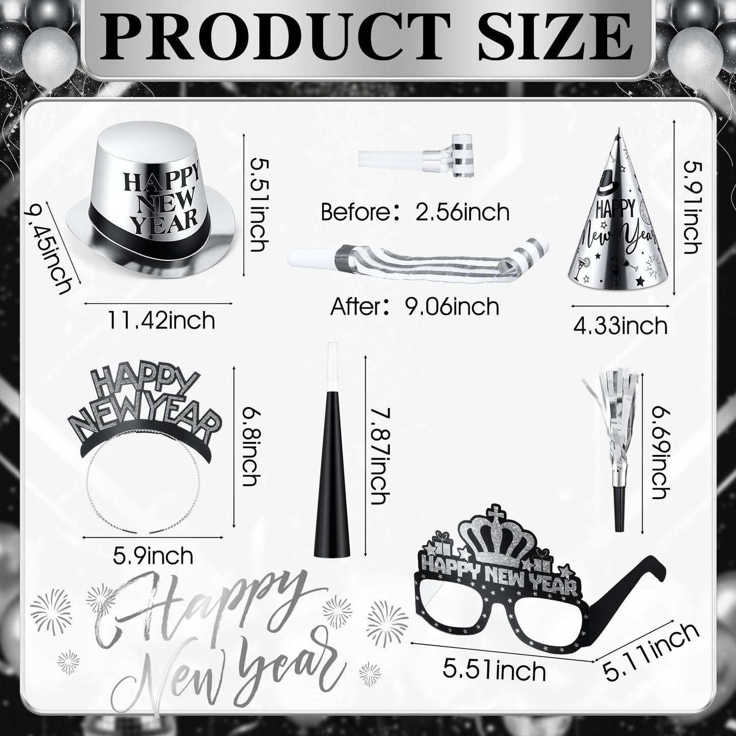 Junkin 54 Pcs New Years Eve Party Supplies 2026 Kit for 24 Guests Include Top Hats Cone Hats Glasses Headbands Blowing Dragon Trumpet Happy New Year Decorations Bulk Party Favors (two-tone)
