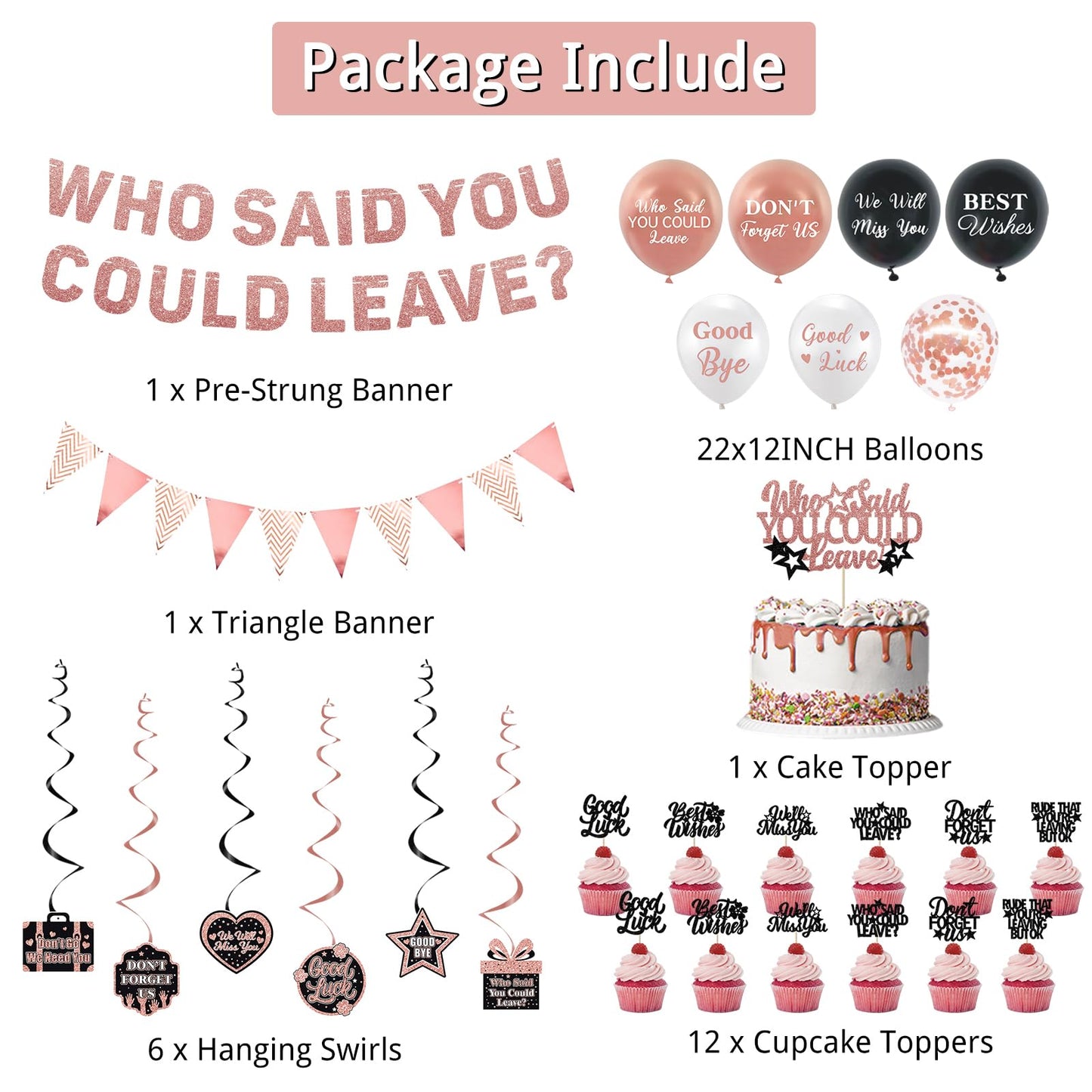 Roetyce Farewell Party Decorations, Rose Gold Who Said You Could Leave Banner Balloons Cake Toppers Hanging Swirls, Pink Going Away Retirement Leaving Party Decorations Coworker Goodbye Party Supplies