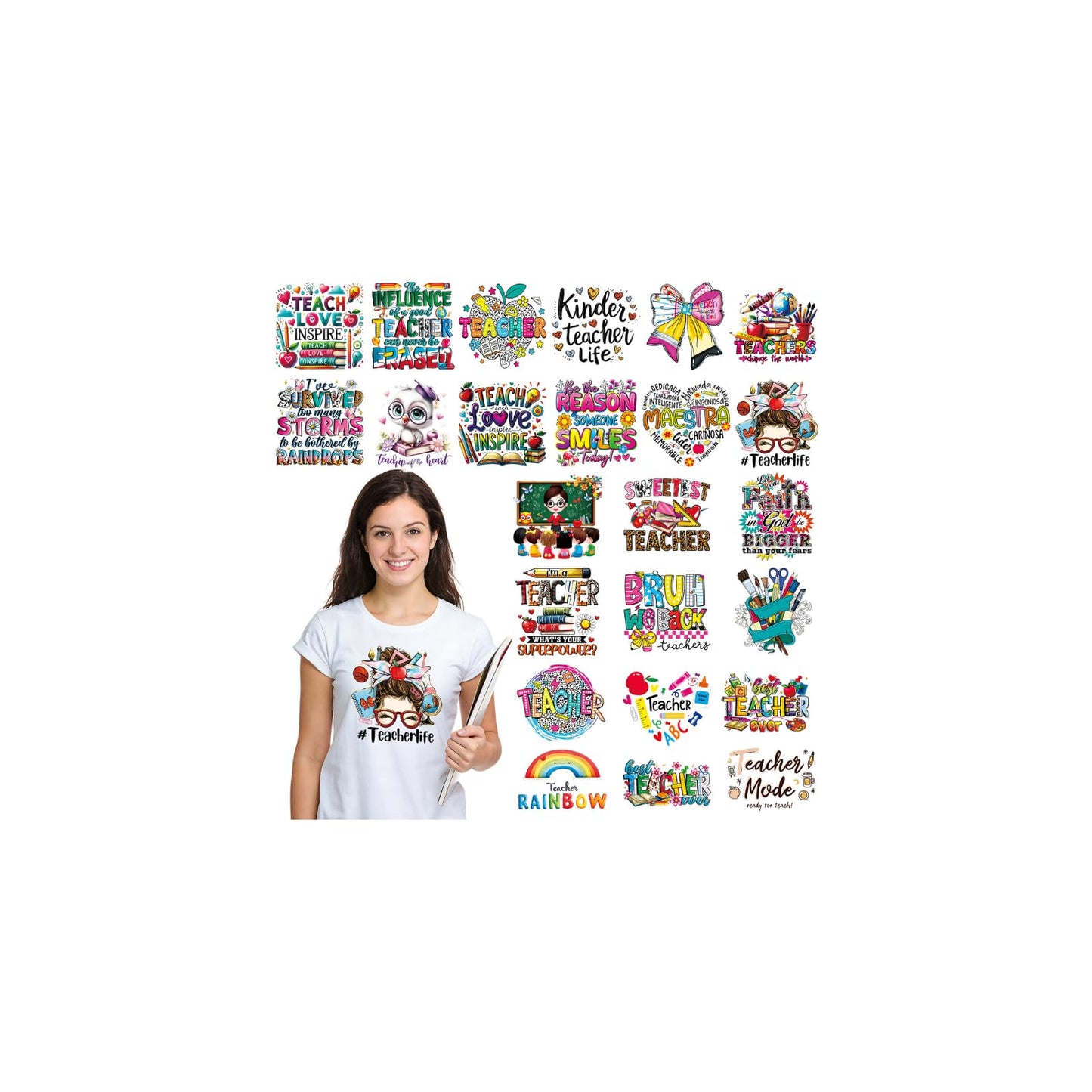 INCOK Teacher Iron on Transfers for Clothing - 24 PCS DTF Transfers Ready to Press Bow Pencil Iron on Vinyl Design Heat Decals Stickers for Teacher Appreciation Week T-Shirts Bag Hoodie Hat Dress