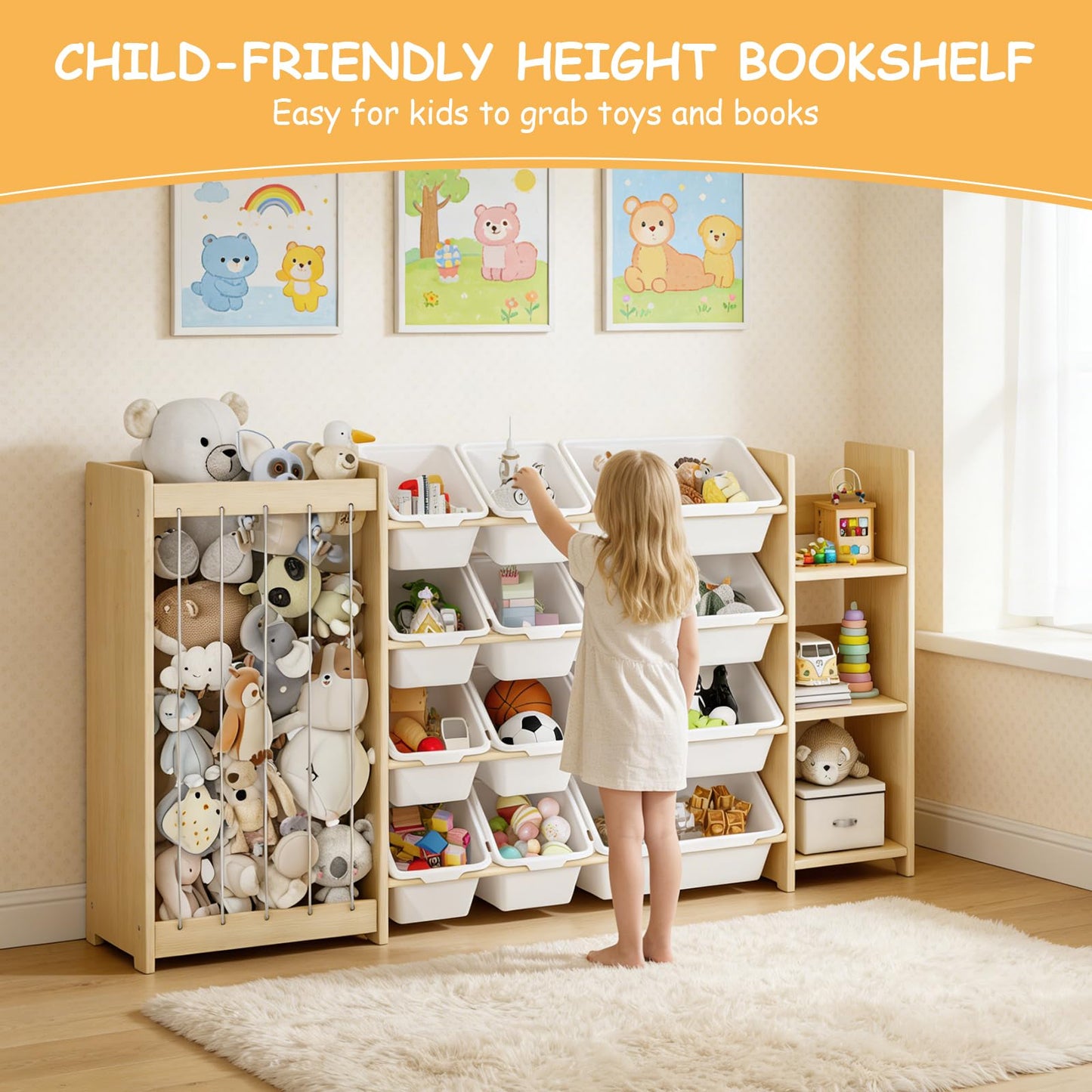 EXPERLAM 3-in-1 Toy Storage Organizer, Stuffed Animal Holder & 3-Tier Bookcase, Solid Wood Toy Organizer with 12 Storage Bins, Space-Saving Toy & Book Shelf for Kids Rooms, Bedroom, Playroom, White